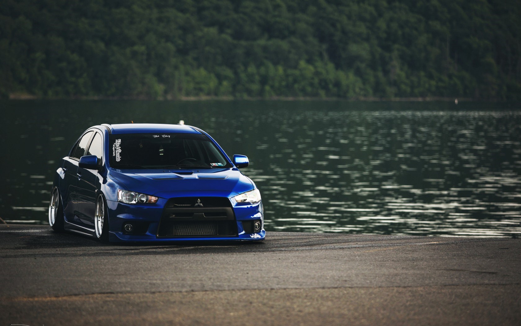 Mitsubishi Lancer Evolution X Blue Tuning Car Lake Wallpaper