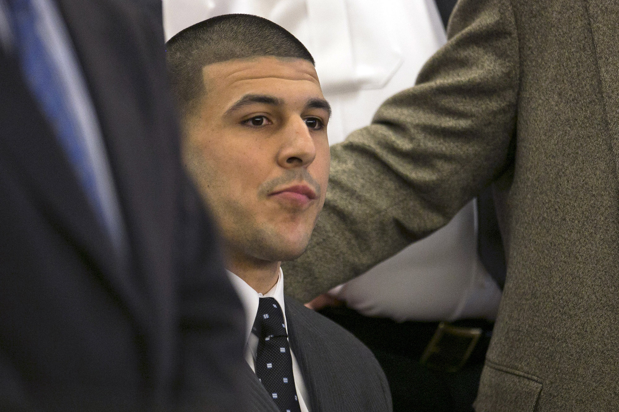 Former New England Patriots football player Aaron Hernandez listens as the guilty verdict is read during his murder trial on April 15. Photo: AP