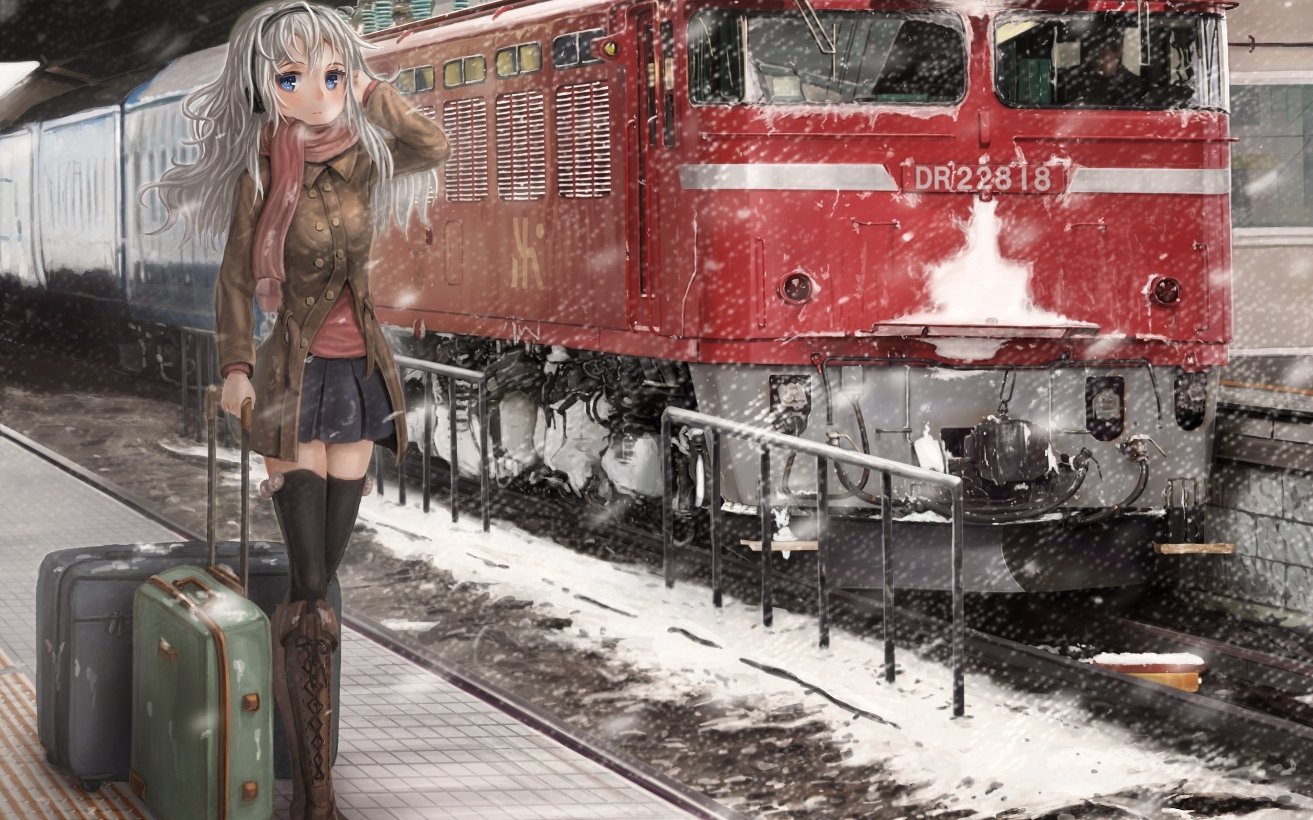 Lovely Anime Girl Winter Train Art