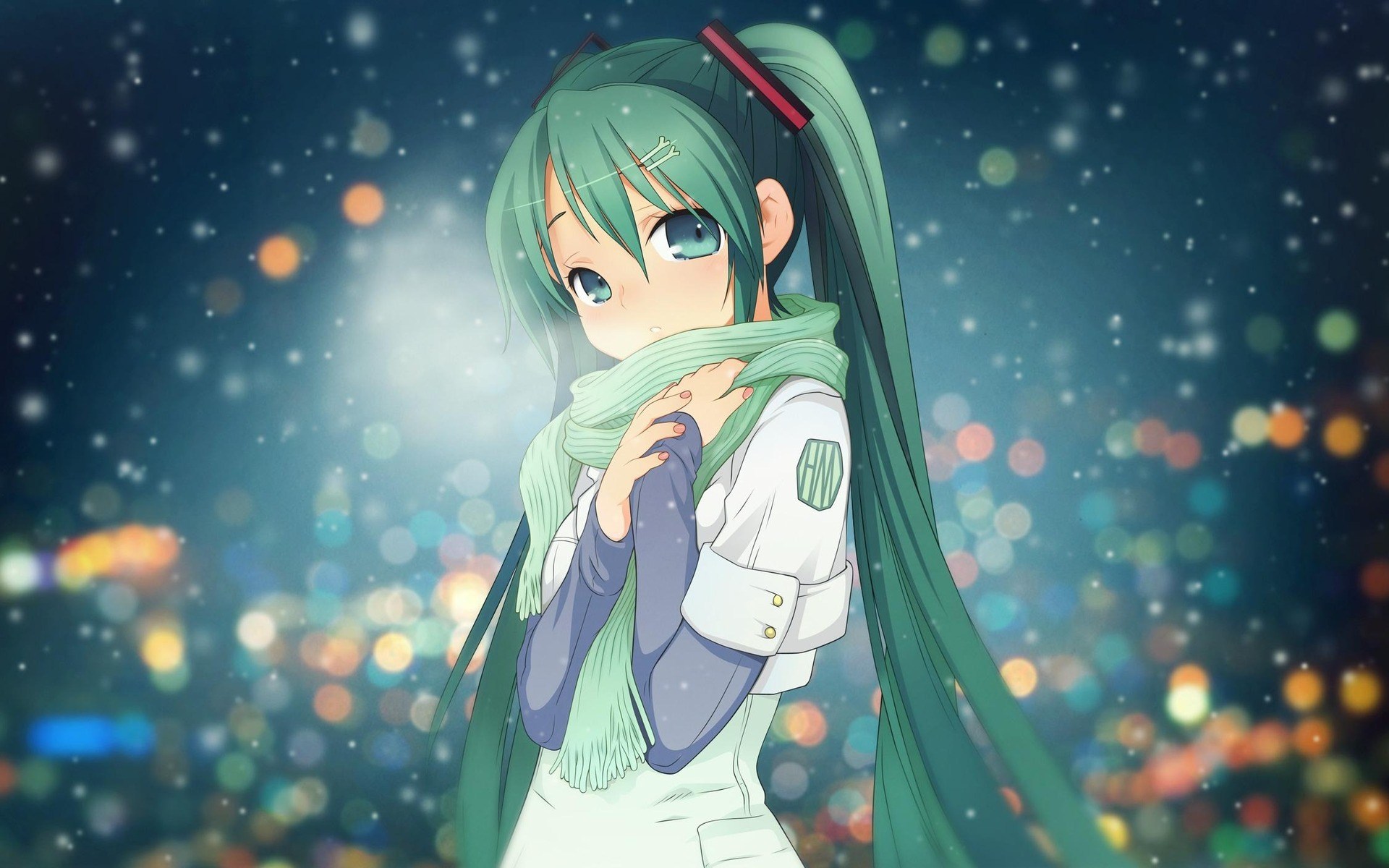Anime Girl Green Hair Winter Snowflakes Lights HD Wallpaper