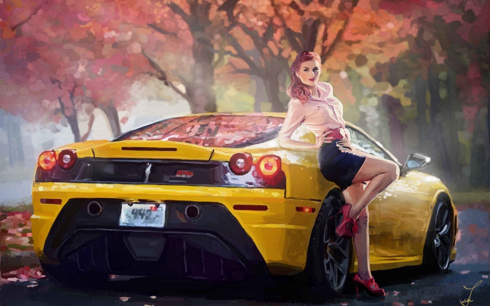 Art Ferrari Car Yellow Girl Road Autumn Trees wallpaper ...