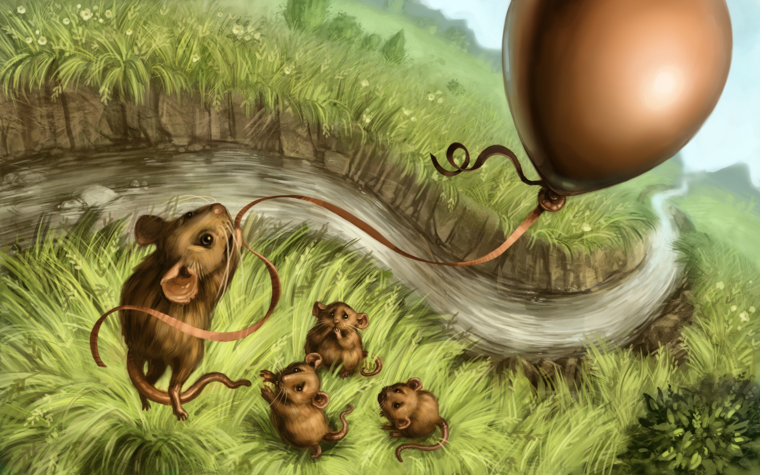 Art Mice Rodents Balloon Grass River Nature