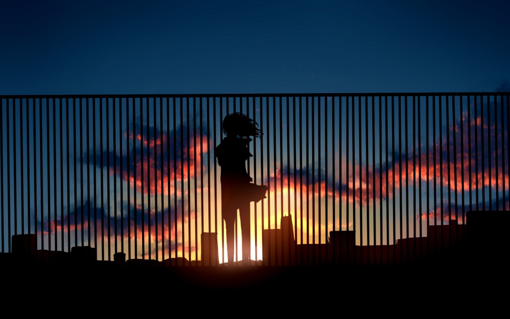 Art Sunset Sky Clouds City Girl Anime