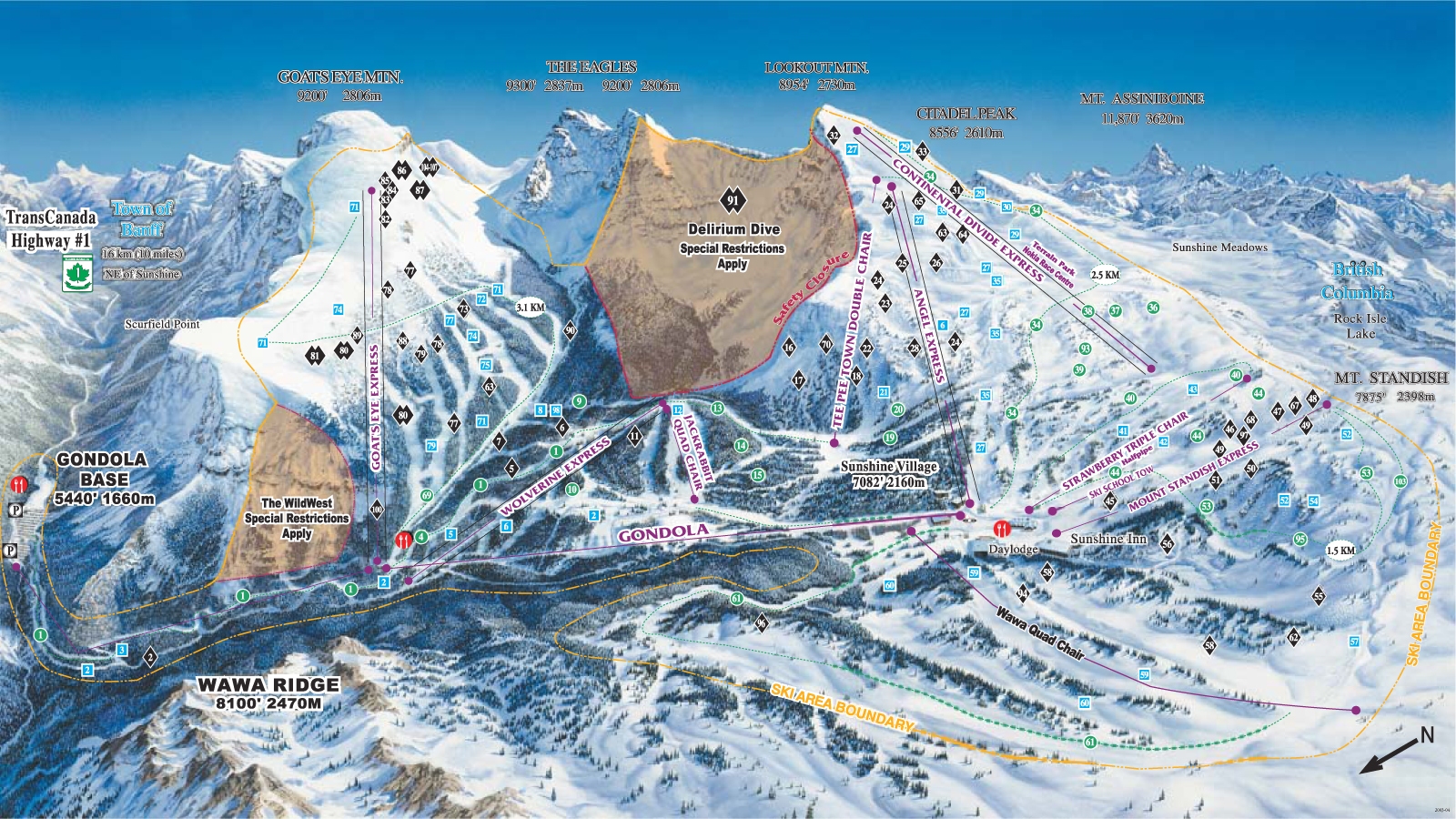 Pistenplan und Panoramakarte Sunshine Village Ski And Snowboard Resort Banff