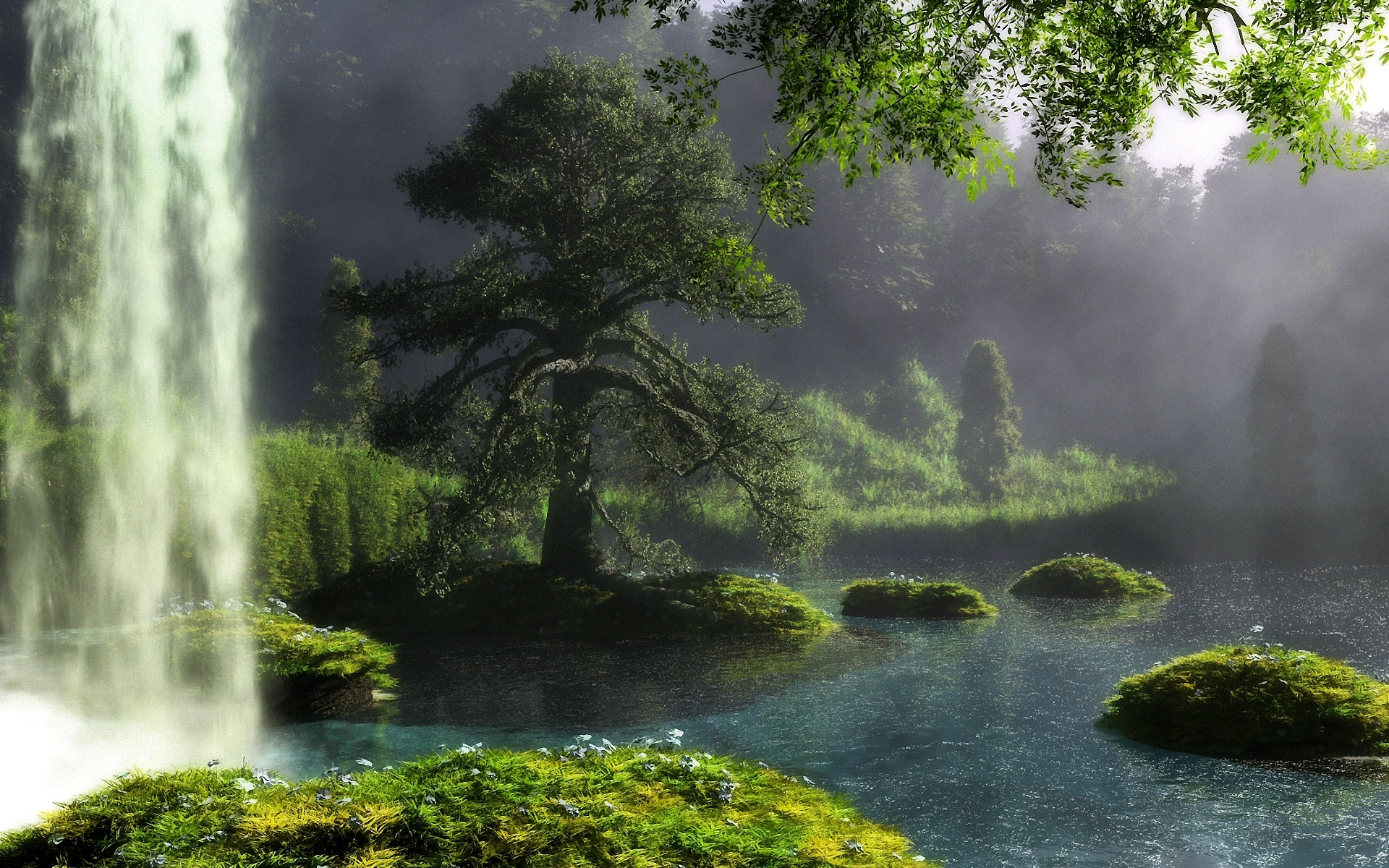 Wallpaper trees, lake, waterfall, nature, forest desktop wallpaper, hd  image, picture, background, a7beb1 | wallpapersmug