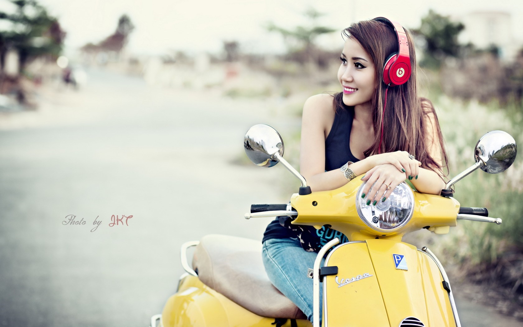 Beautiful Girl Asian Smile Scooter Headphones