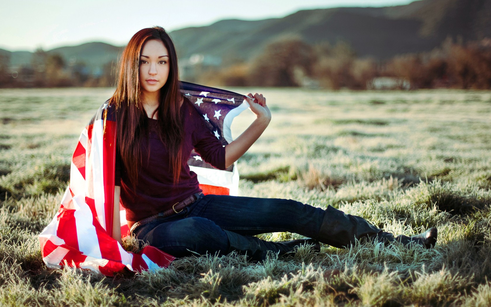 Beautiful Girl US Flag Wallpaper