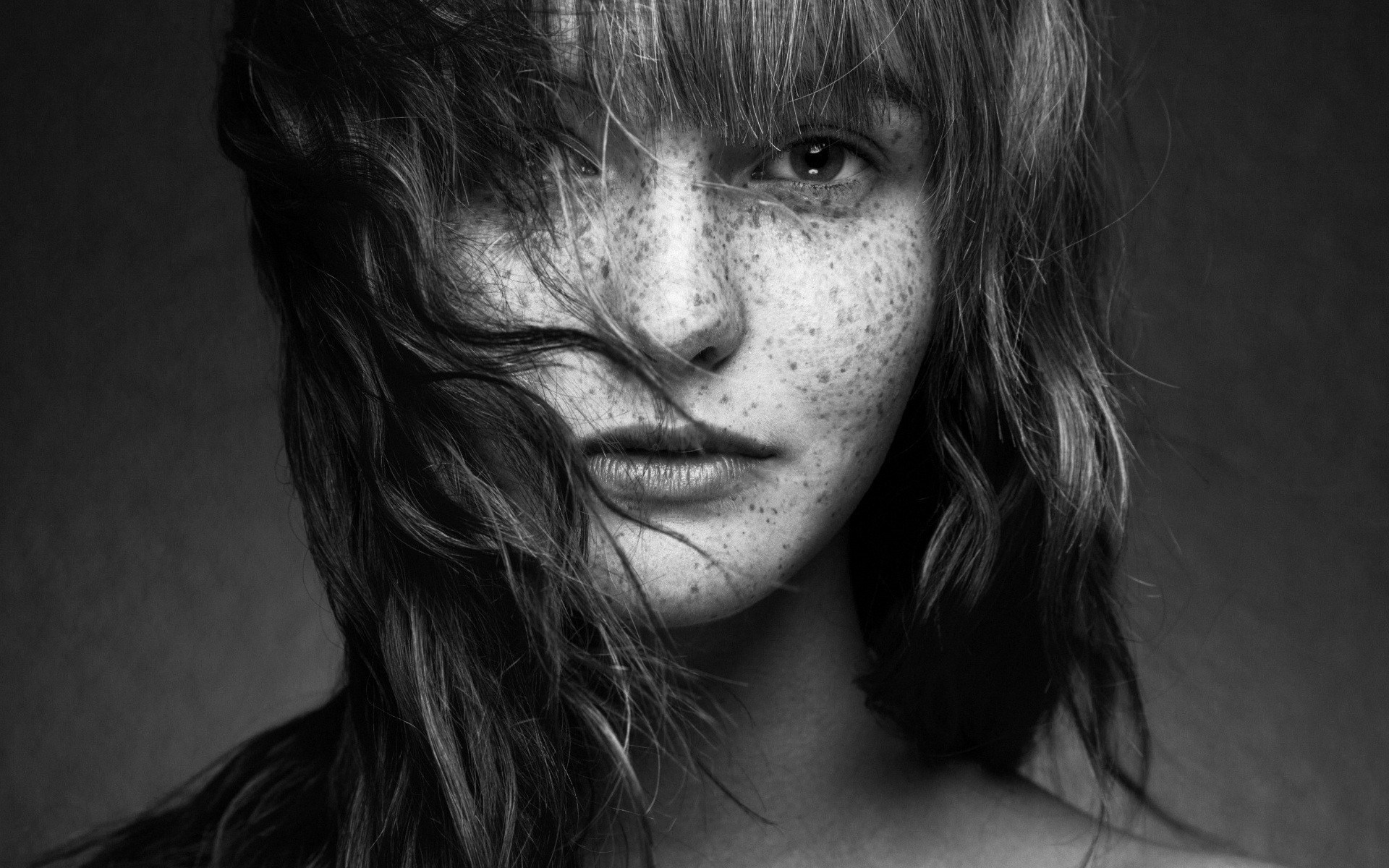 Beauty Girl with Freckles Portrait Photo