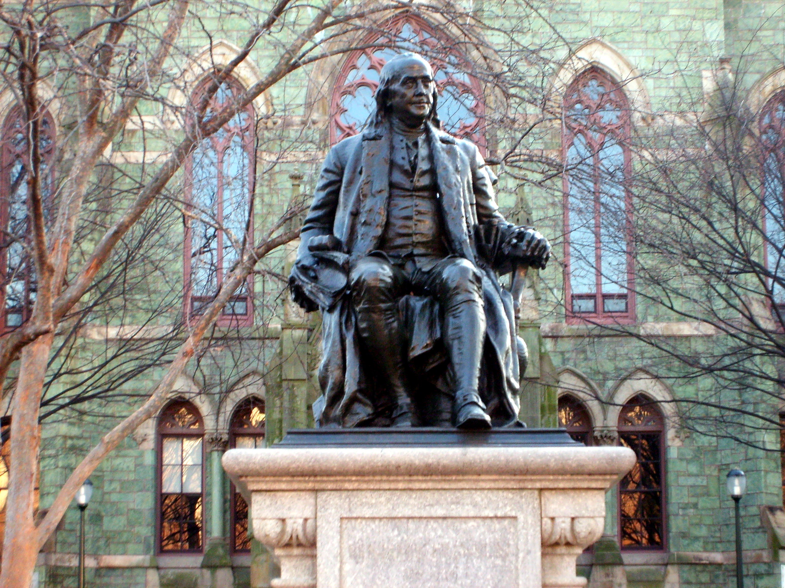 This statue of Benjamin Franklin donated by Justus C. Strawbridge to the City of Philadelphia in 1899 now sits in front of College Hall. [16]