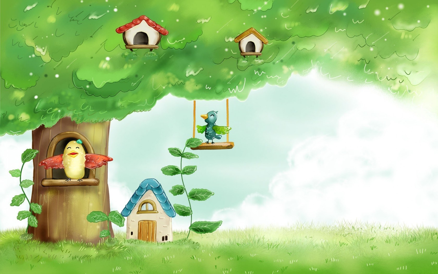 Birds Houses Tree Leaves Fairy Tale Childhood Grass Drawing Painting