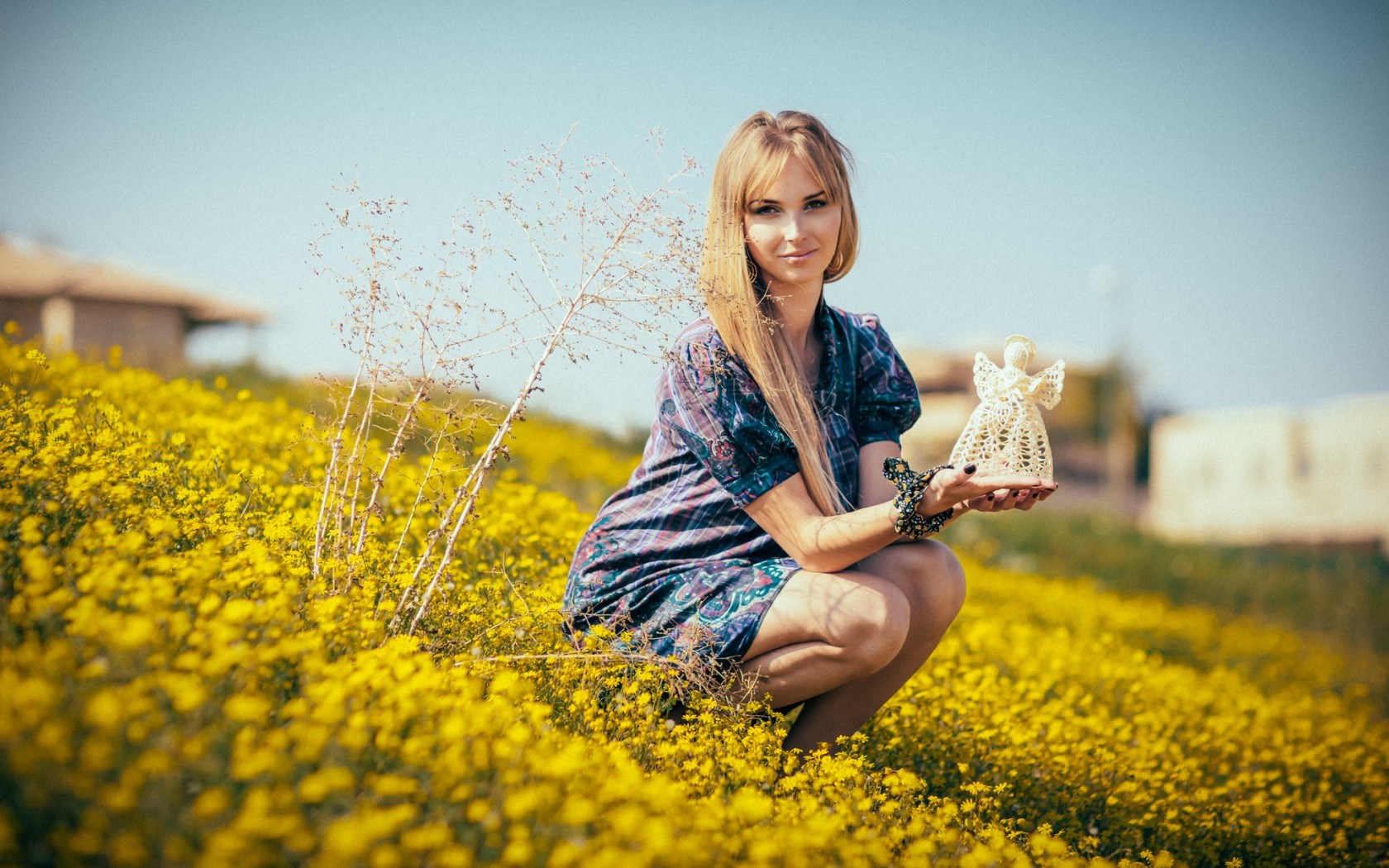 Blonde Girl Field Yellow Flowers Mood