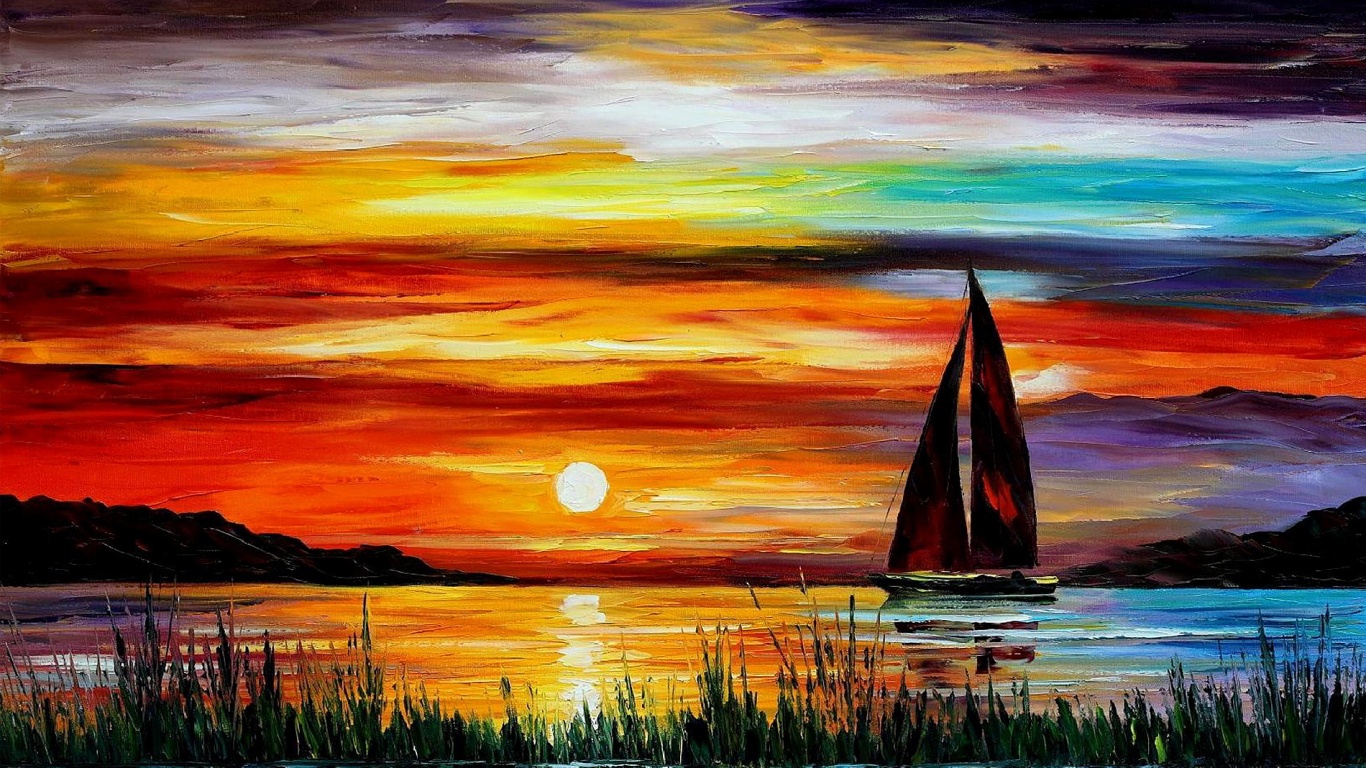 Boat sunset painting