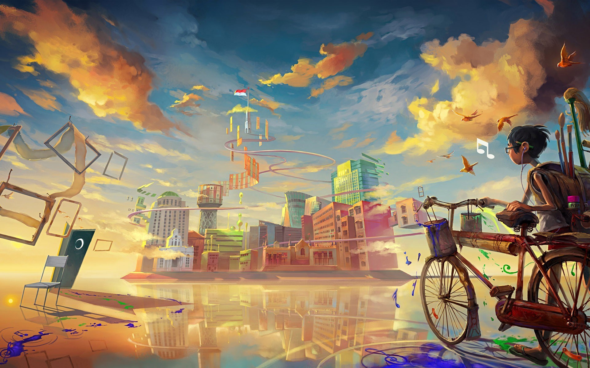 Drawing Boy Bicycle Fantasy City Music Paint Art HD Wallpaper