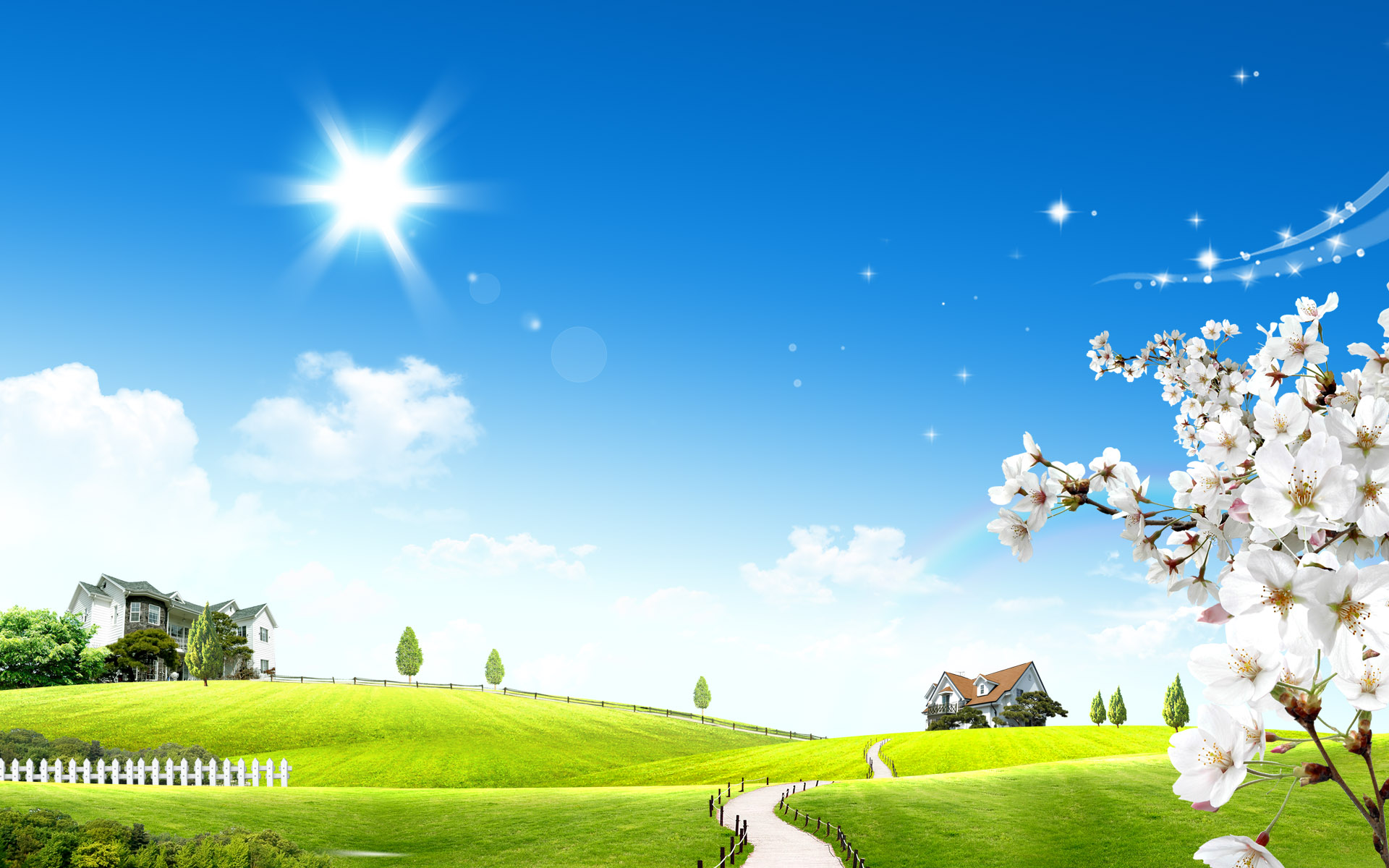 This free scenery wallpaper shows bright sun glow. The white flowers seem to be making a welcoming gesture, and near is a rainbow.