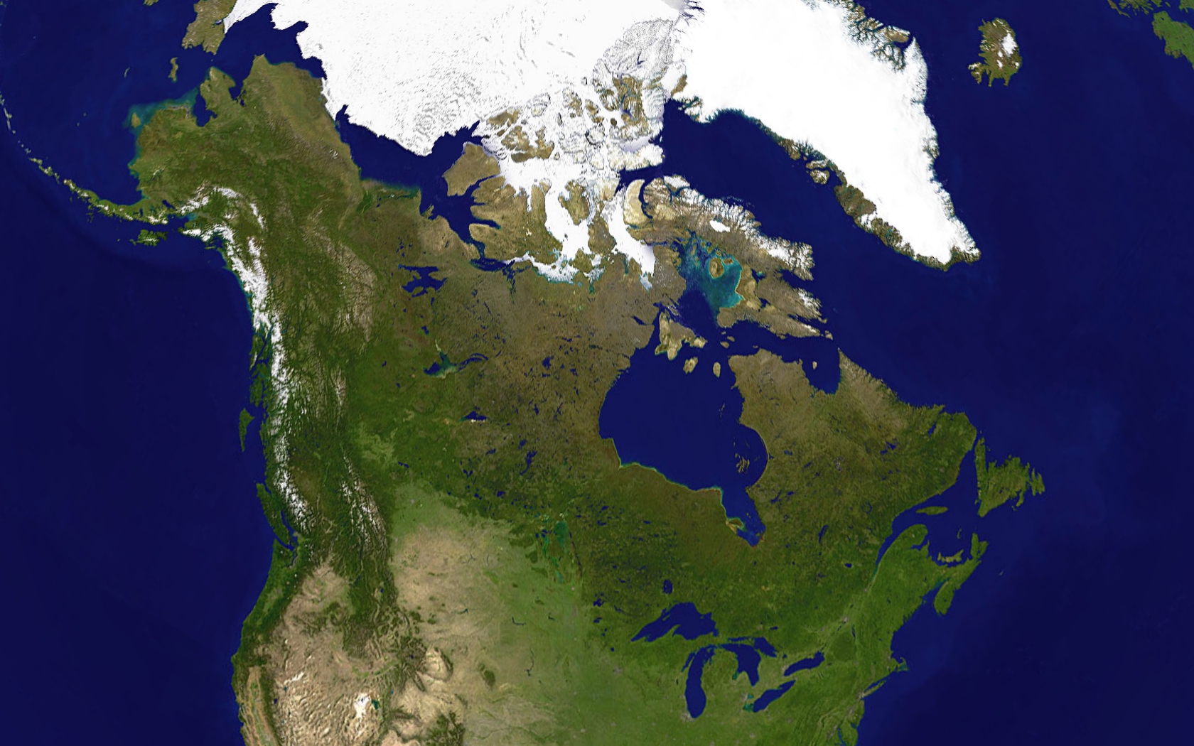 A satellite composite image containing all of Canada and part of the United States. Boreal forests prevail on the rocky Canadian Shield, while ice and ...