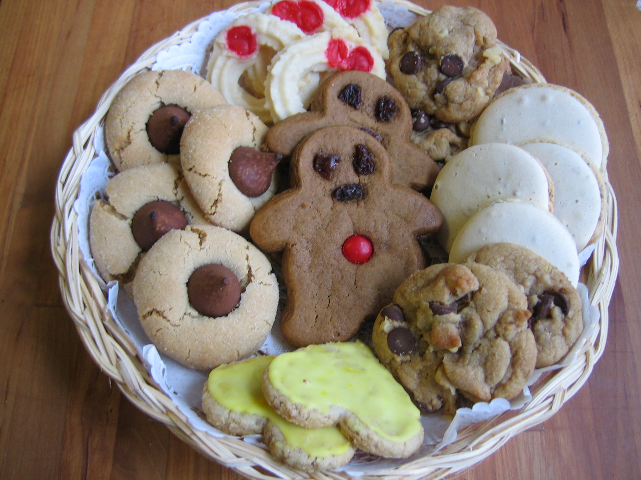 A variety of cookies, including gingerbread men and drop and molded cookies