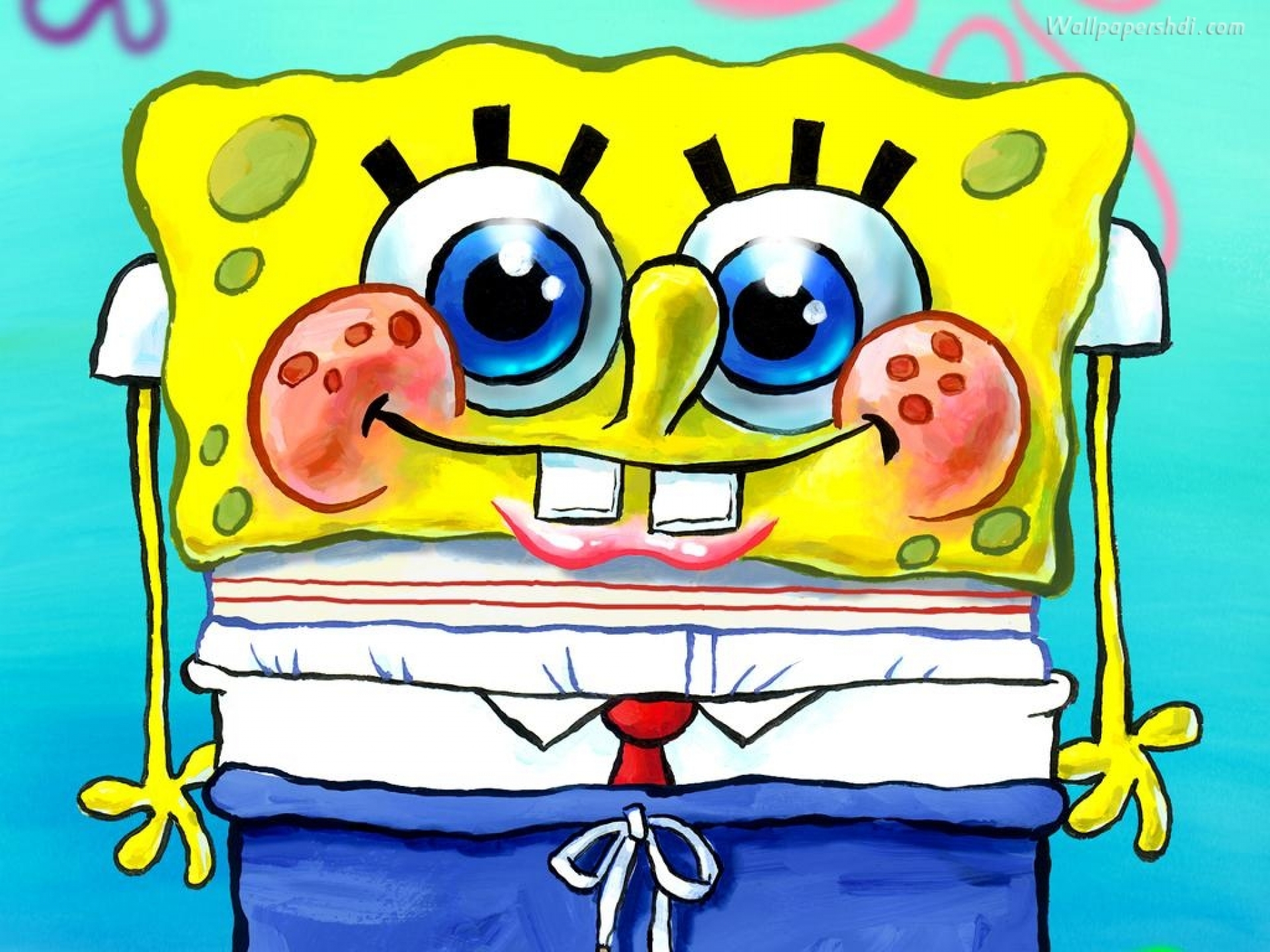 Extraordinary Spongebob Cute Embrassed in Check Blue Pants Underwater Cartoon Wallpapers for Phones