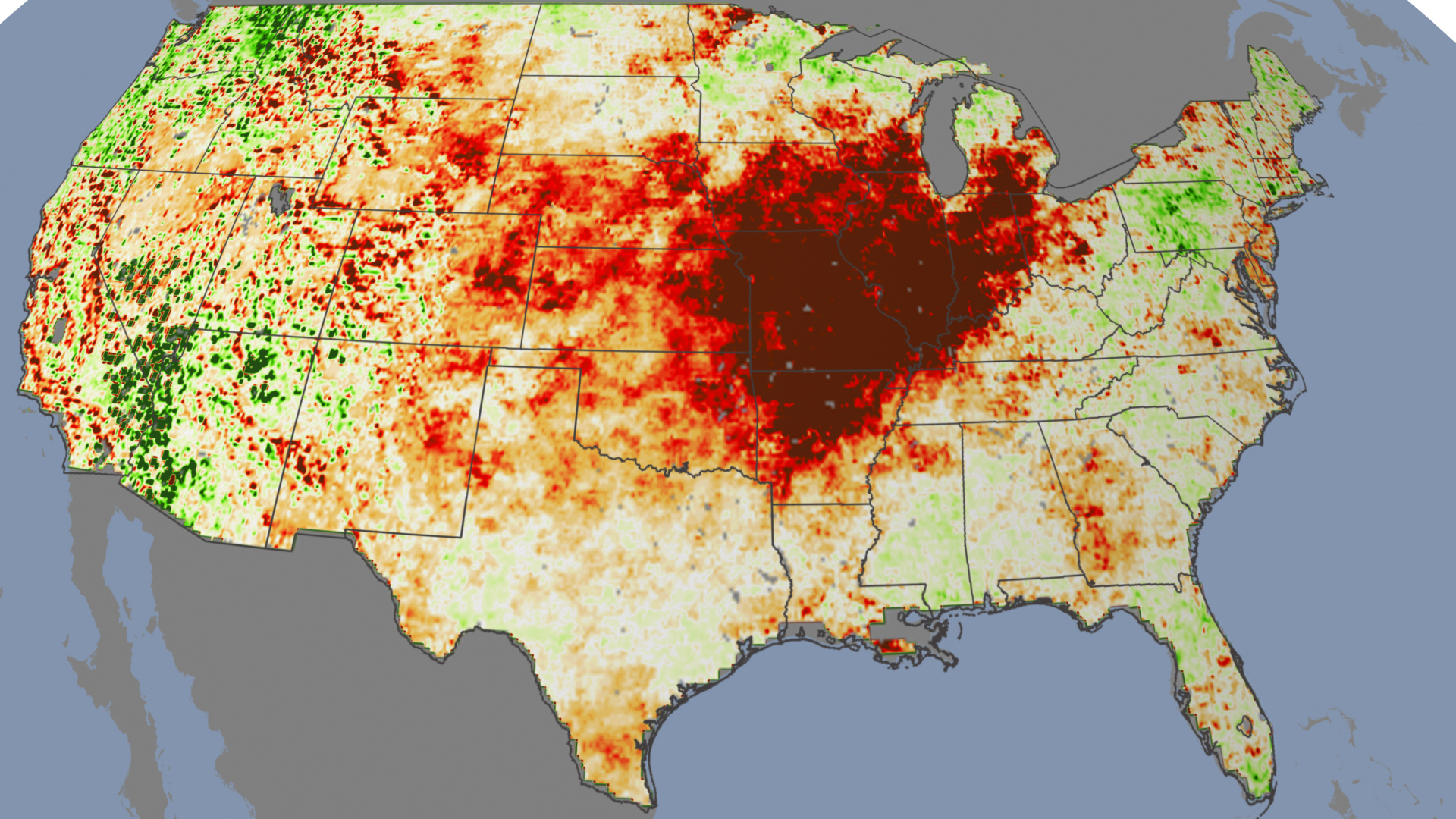drought map showing deep rust stain across the midwest, darkest across the Mississippi valley ›