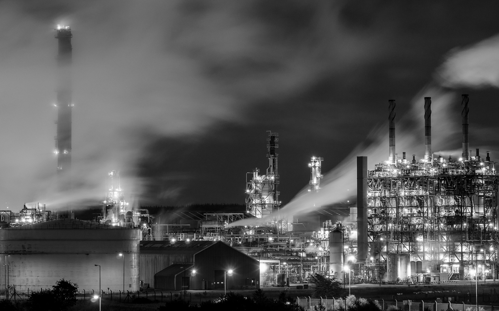 Factory, Night, Lights, BW, Steam HD dimensions wallpaper picture