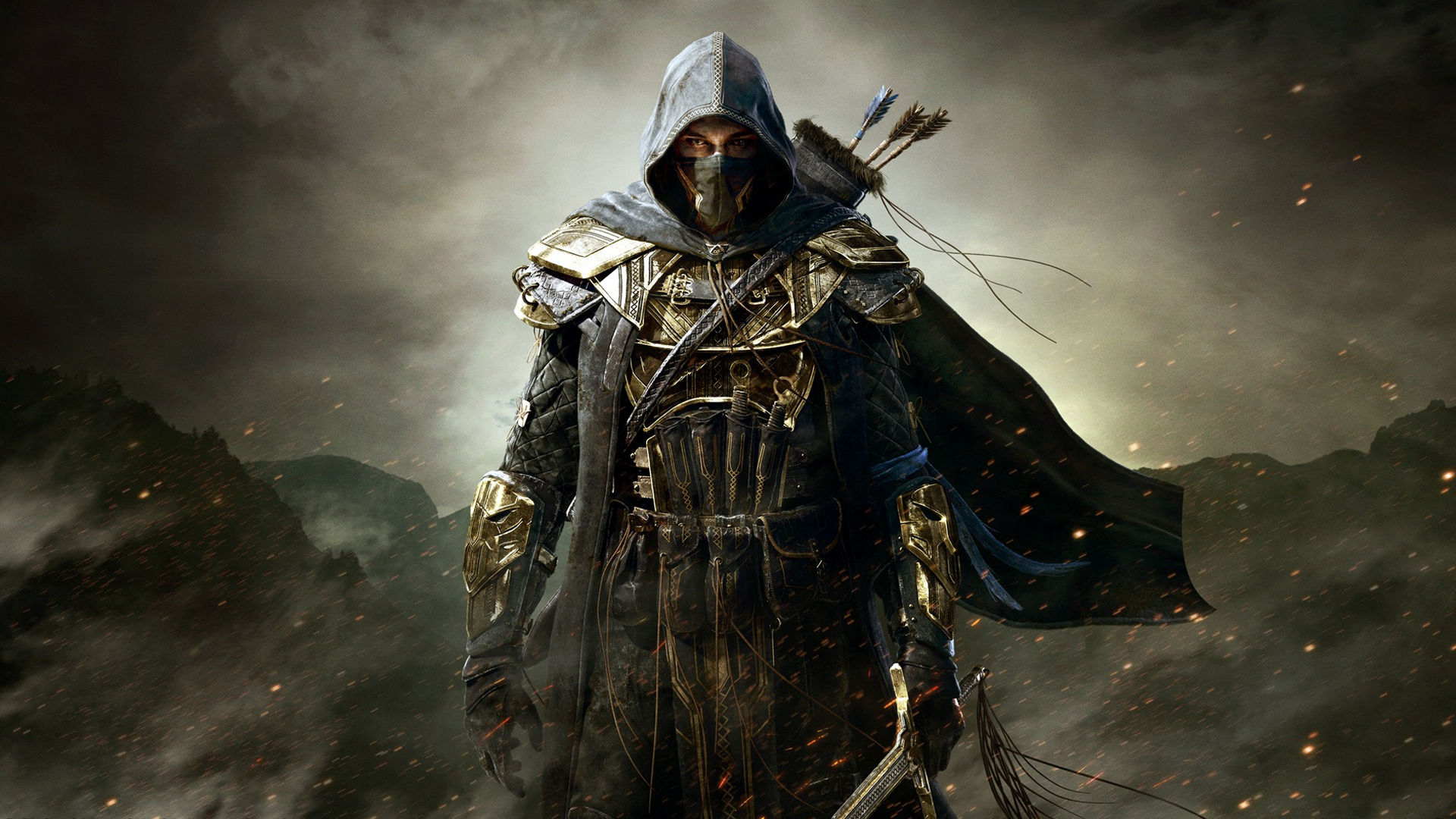 The_Elder_Scrolls_Online__warrior__Armor__sword__Arrows__hood__Mountains__Assassin_fantasy_skyrim_1920x1080