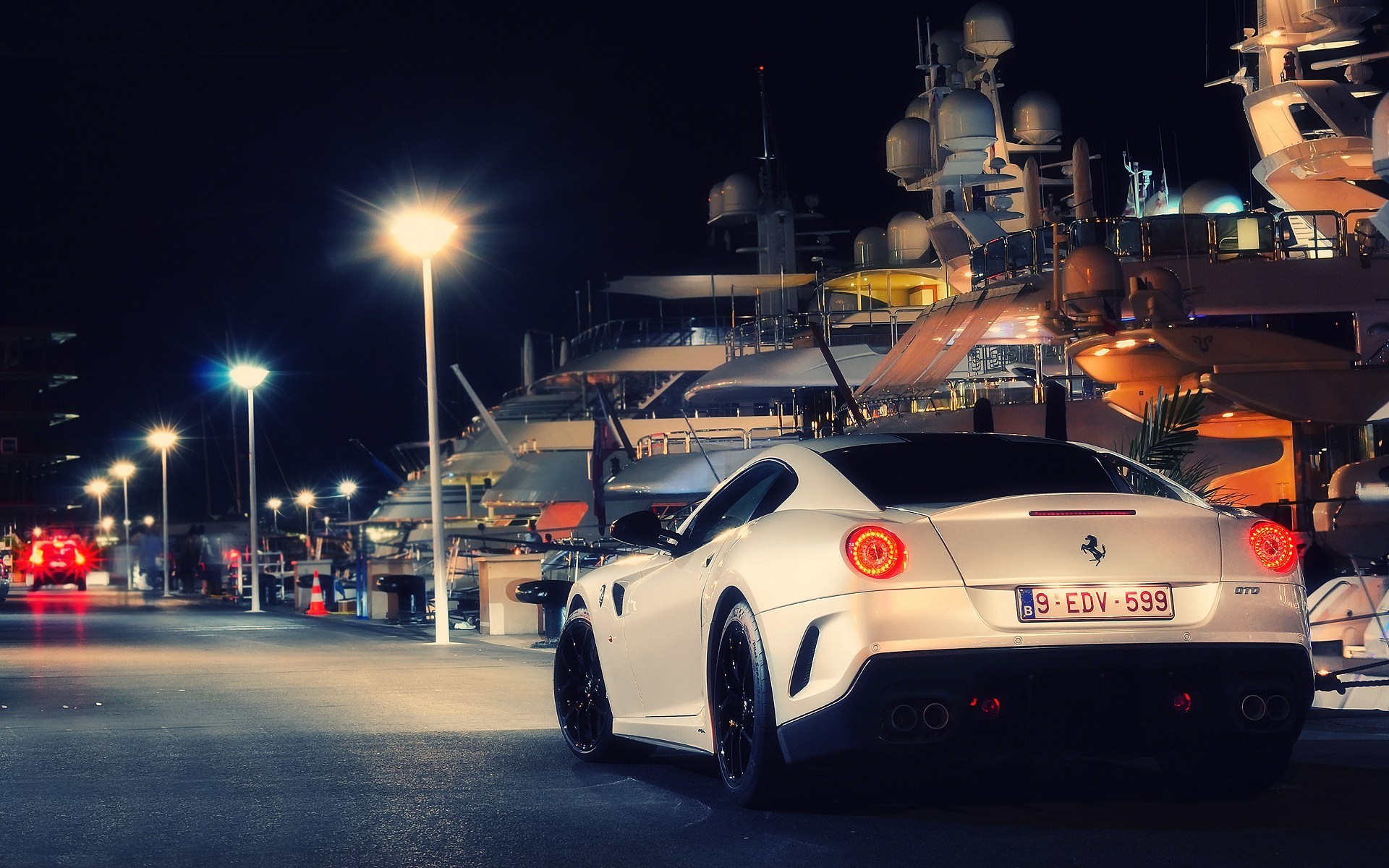 Ferrari 599 GTB Fiorano Night Monaco City Port Yacht Photo HD Wallpaper