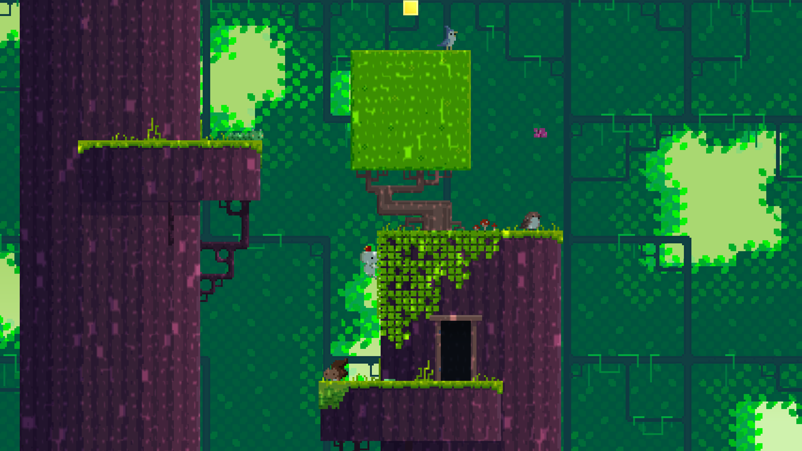 In Fez, the player-character hops between platforms to collect golden cube fragments in a variety of settings.