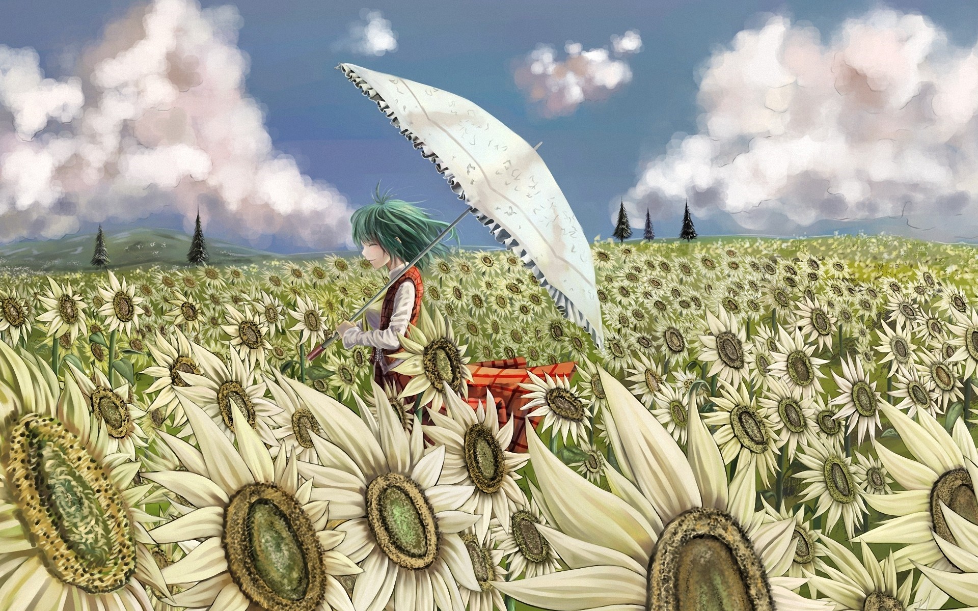 Field Sunflowers Girl Umbrella Anime Art