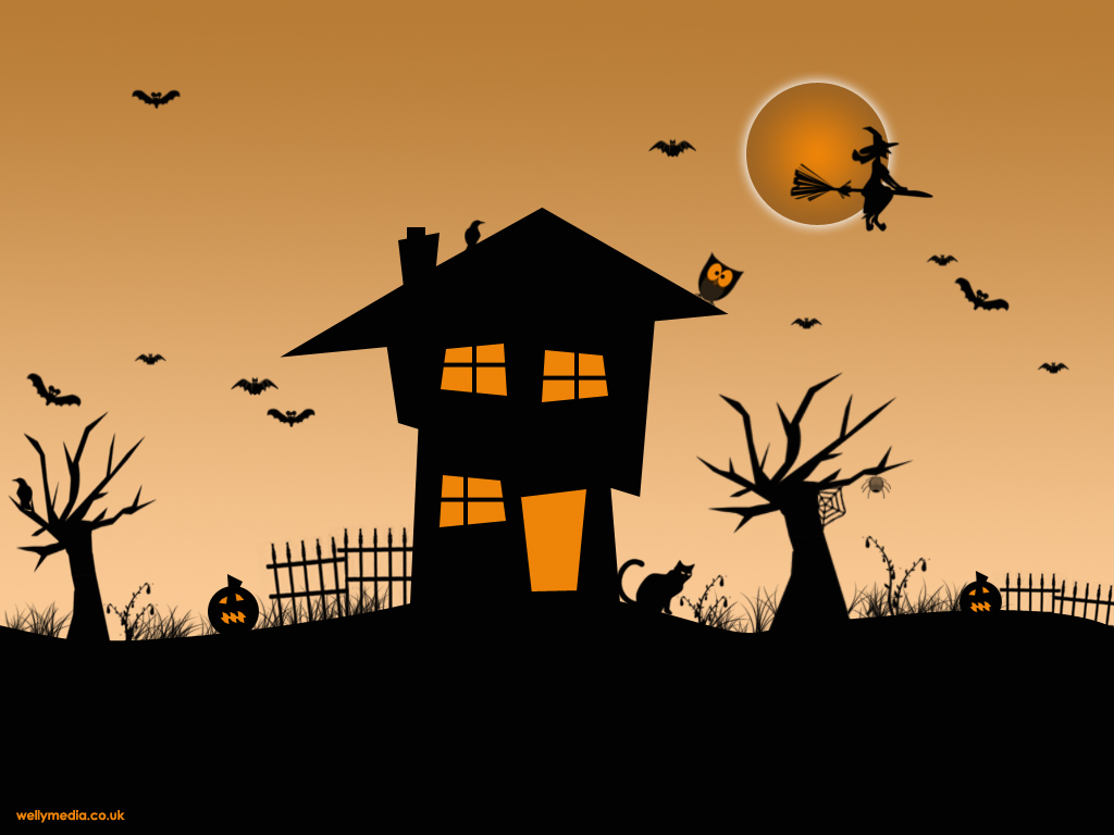 A fun Halloween scene waits for you in this Halloween wallpaper. Pumpkins, crows, dead trees, bats, owls, a haunted house, spiders, black cats and a full ...
