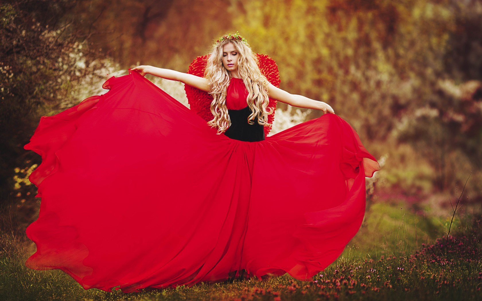 Girl Blonde Wreath Red Dress Mood