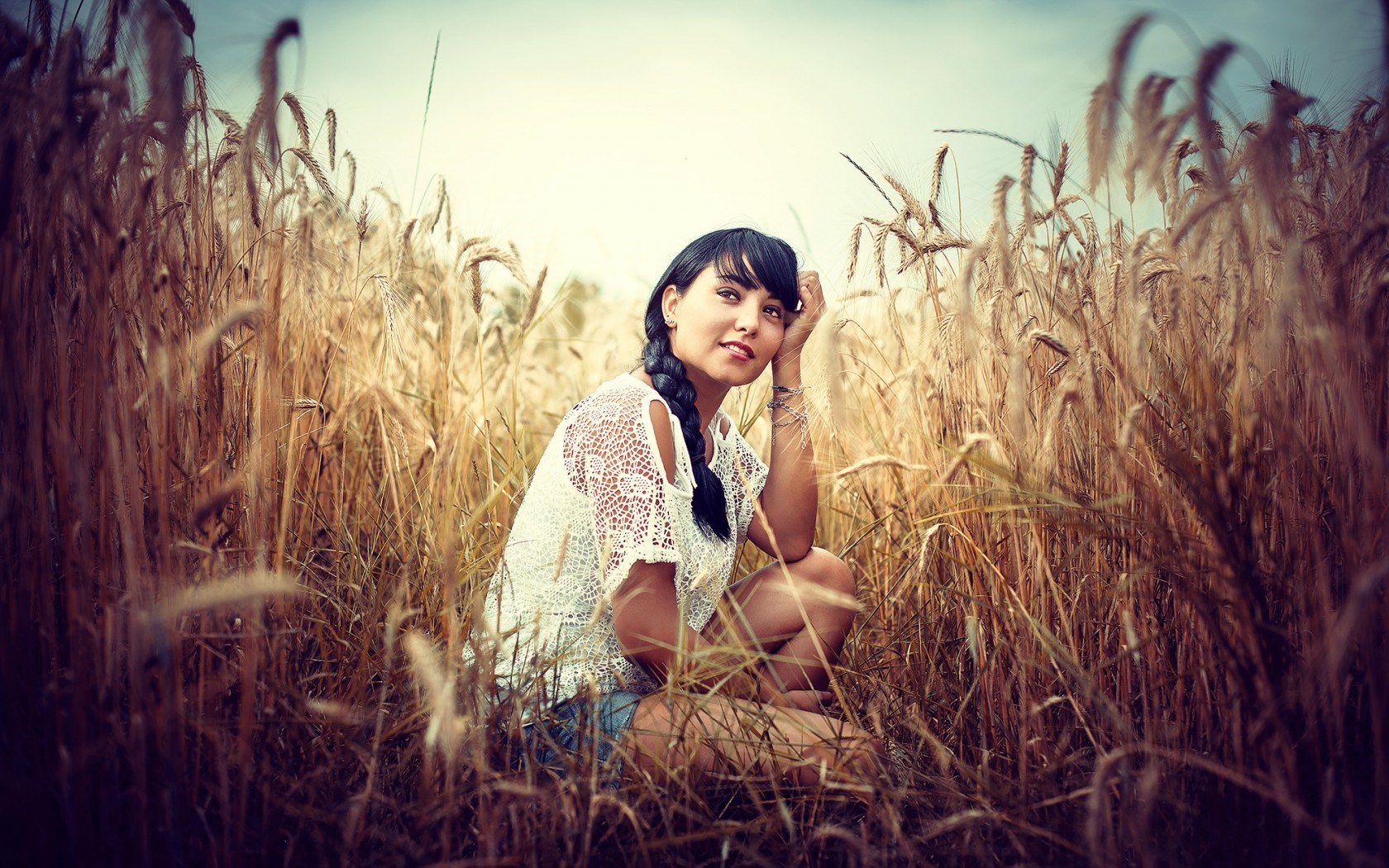 Girl Brunette Field Wheat