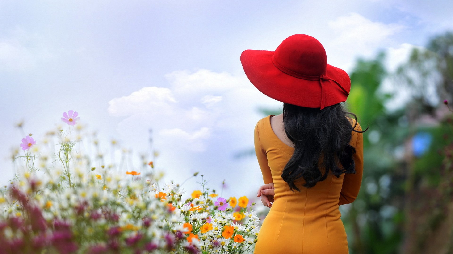 Girl Brunette Yellow Dress Red Hat Flowers HD Wallpaper