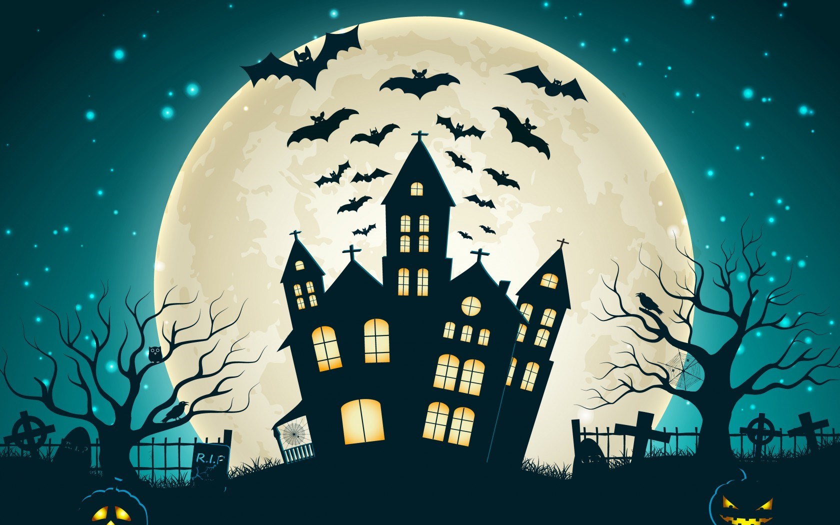 Holiday Halloween Scary House Creepy Full Moon Castle Bats Pumpkins
