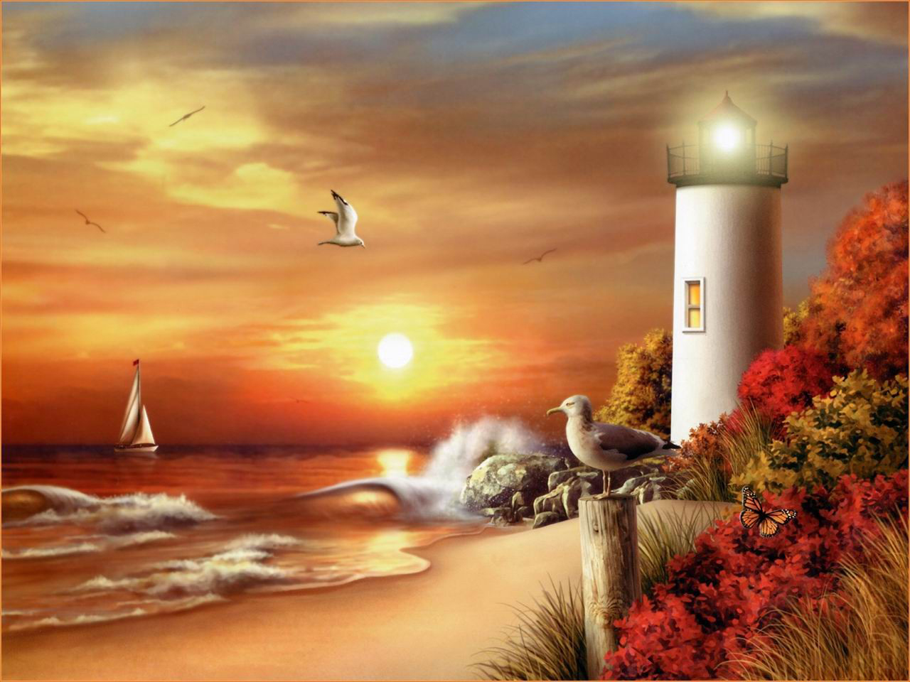 Picture of a sunset and a lighthouse on the beach
