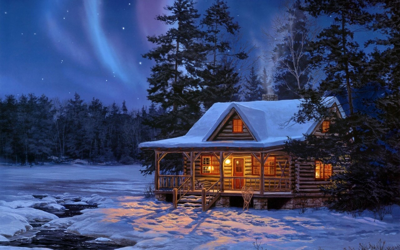 Winter Log Cabin Wallpaper 01