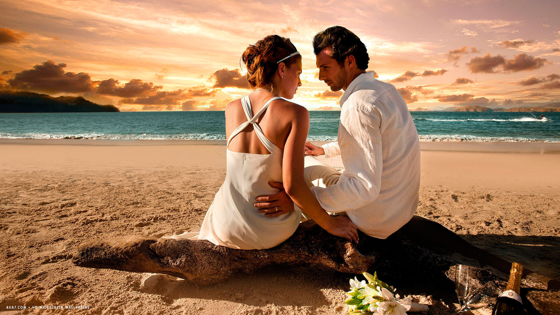 loving couple love beach sunset sea feelings hd widescreen wallpaper