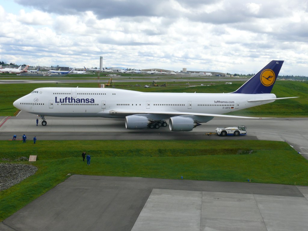 Lufthansa's Boeing 747-8I taxiing next to the Future of Flight. Photo by Chris