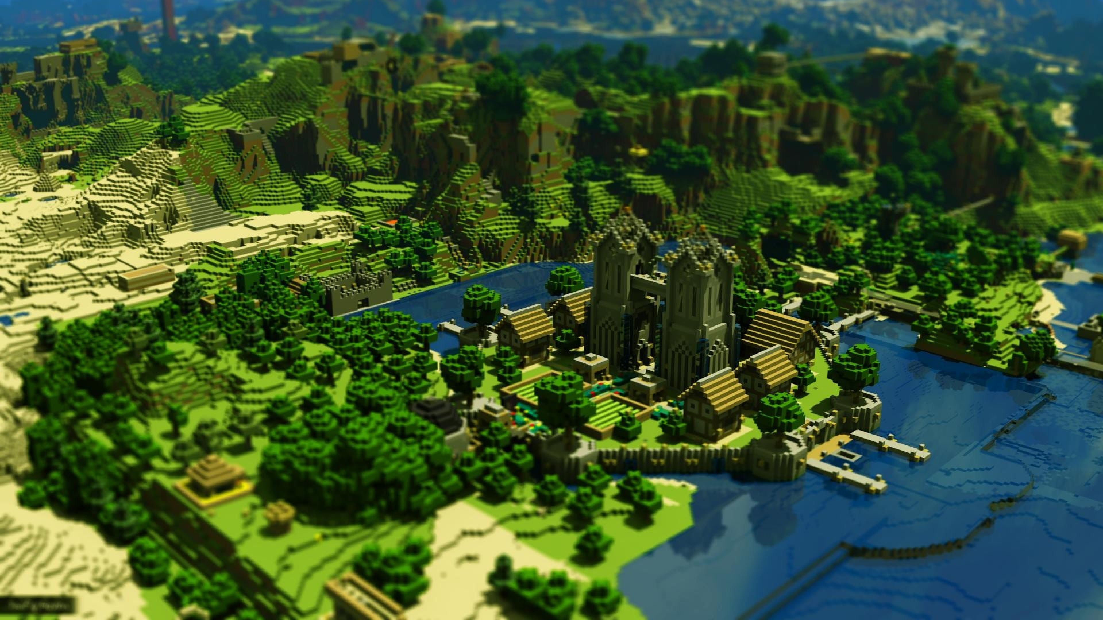 Preview wallpaper minecraft, trees, houses, mountains, water 3840x2160