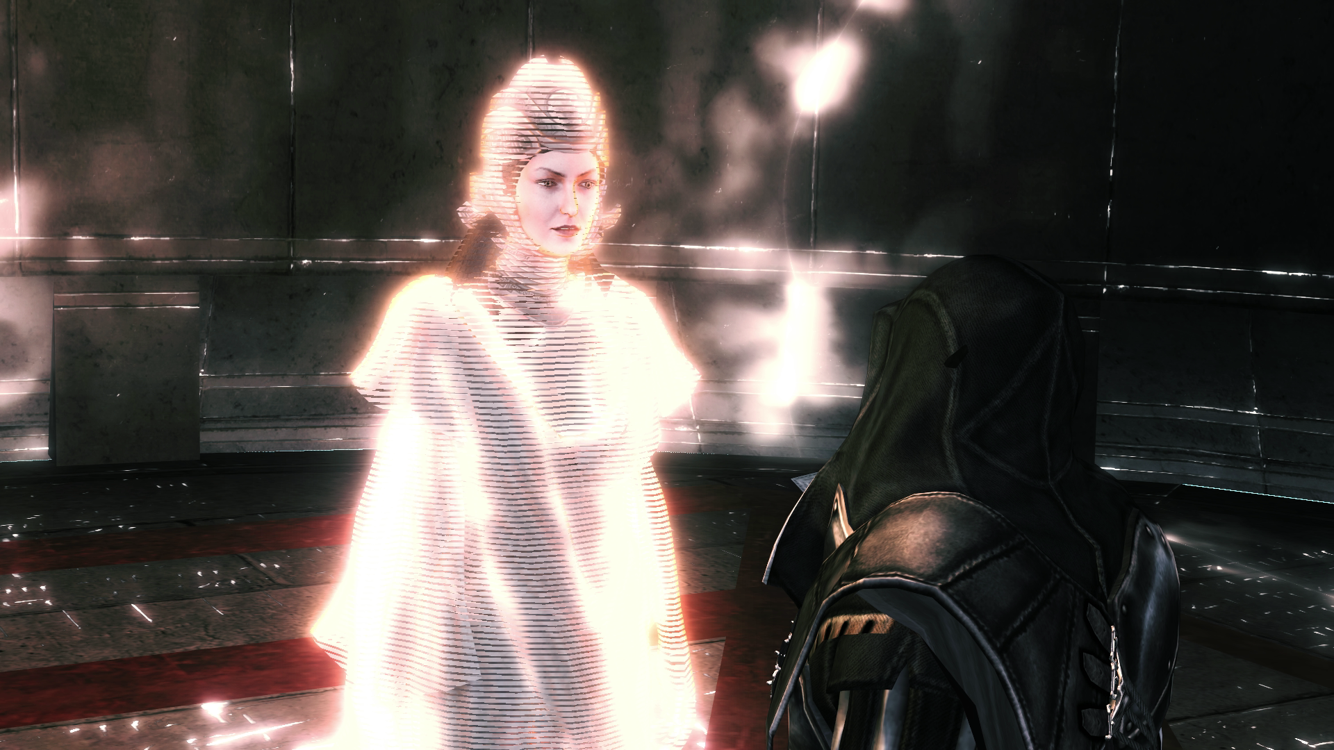 Minerva speaking with Ezio Auditore in the Vault