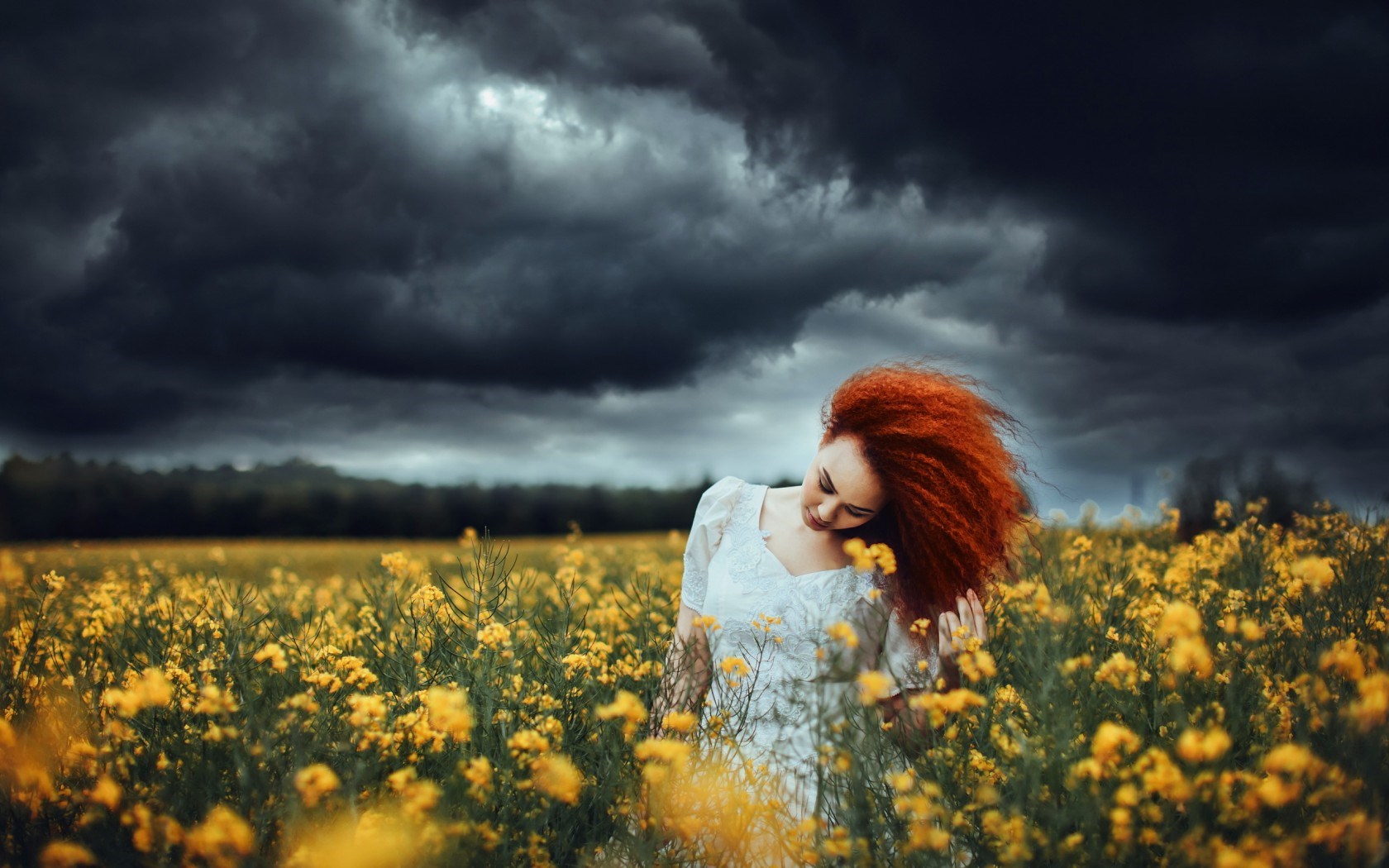 Nature Clouds Field Flowers Redhead Girl