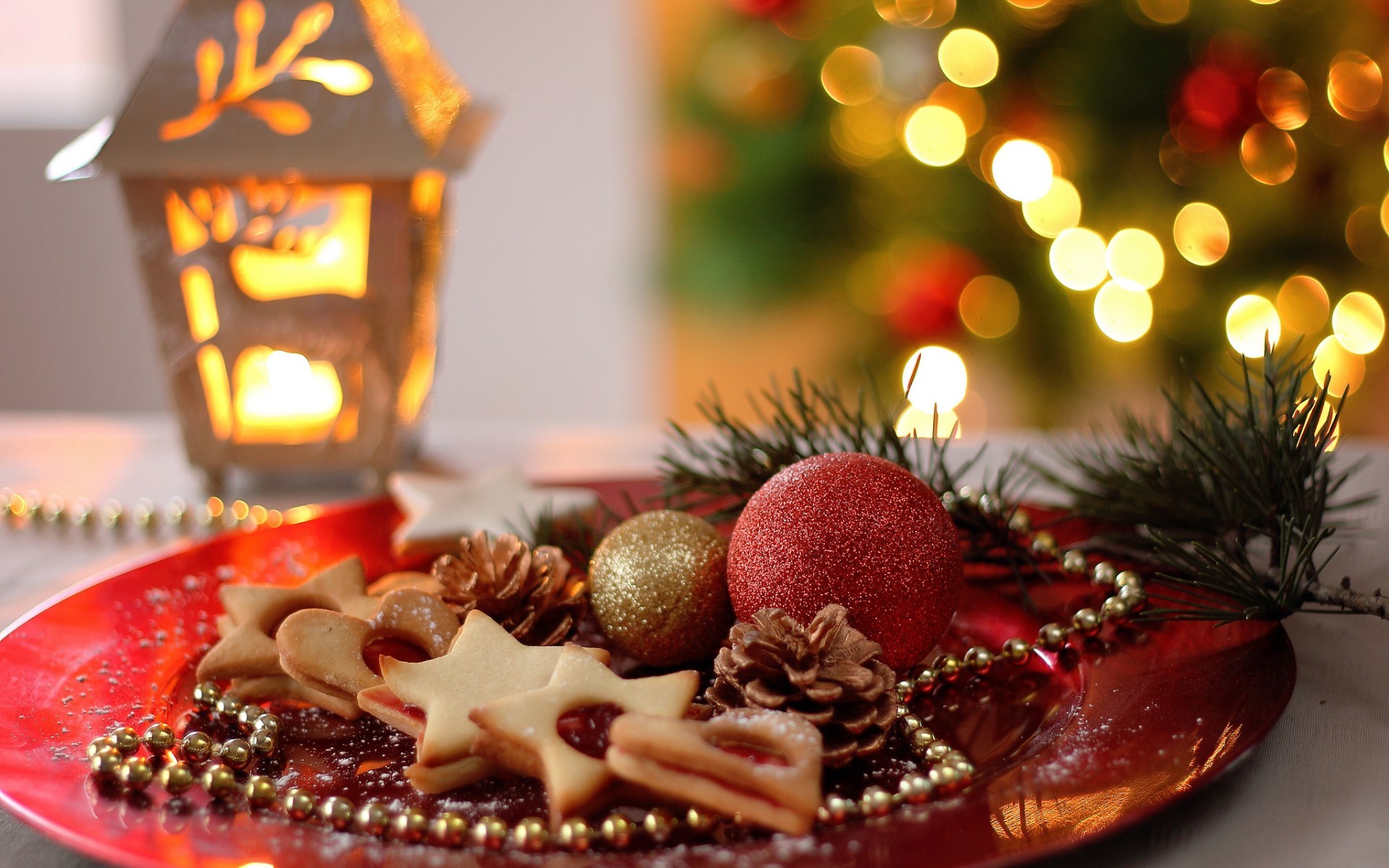 Holiday Christmas New Year Cookies Dish Baking Balls Cones Lantern Lights