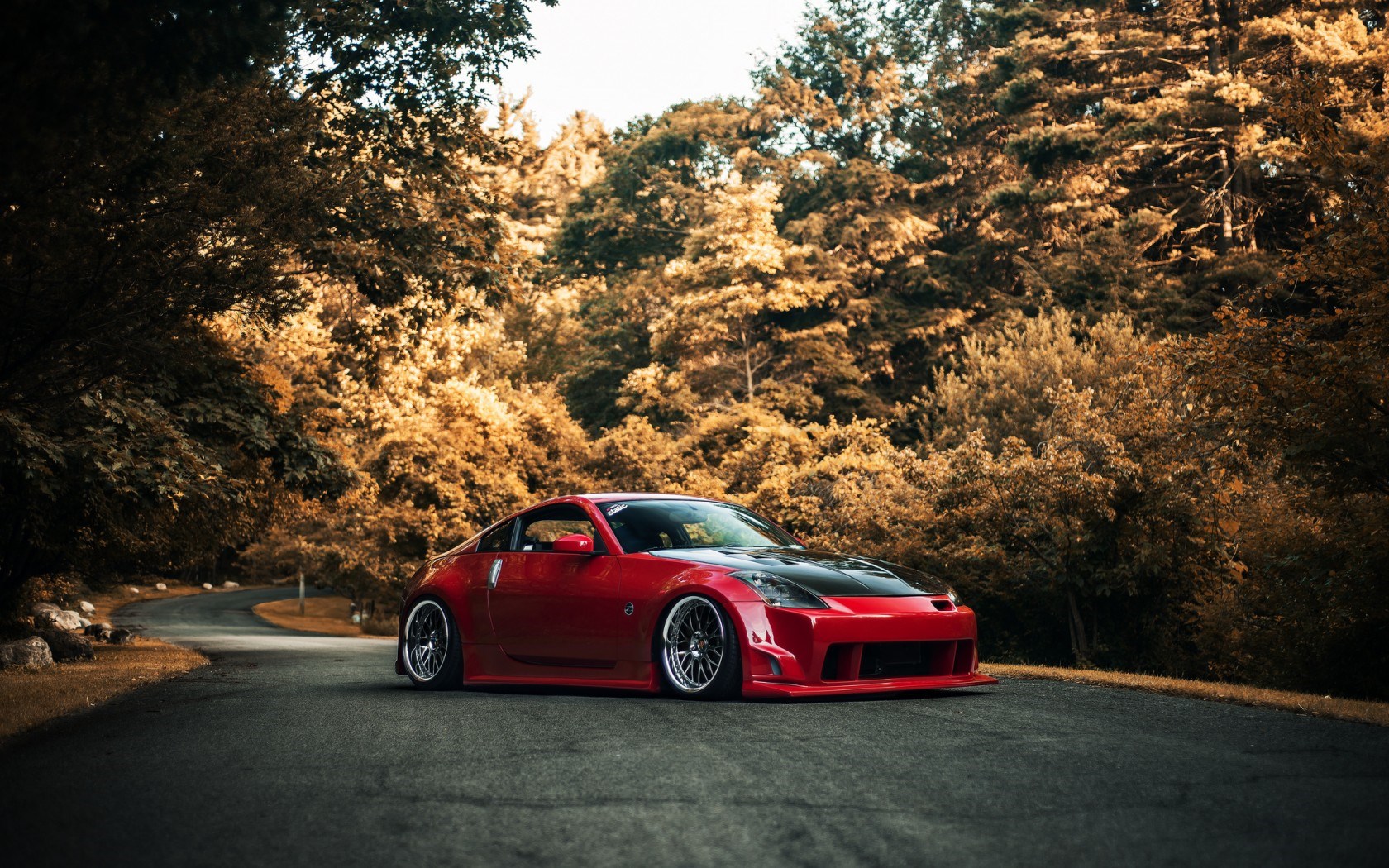 Nissan 350Z Red Car Tuning Road Autumn