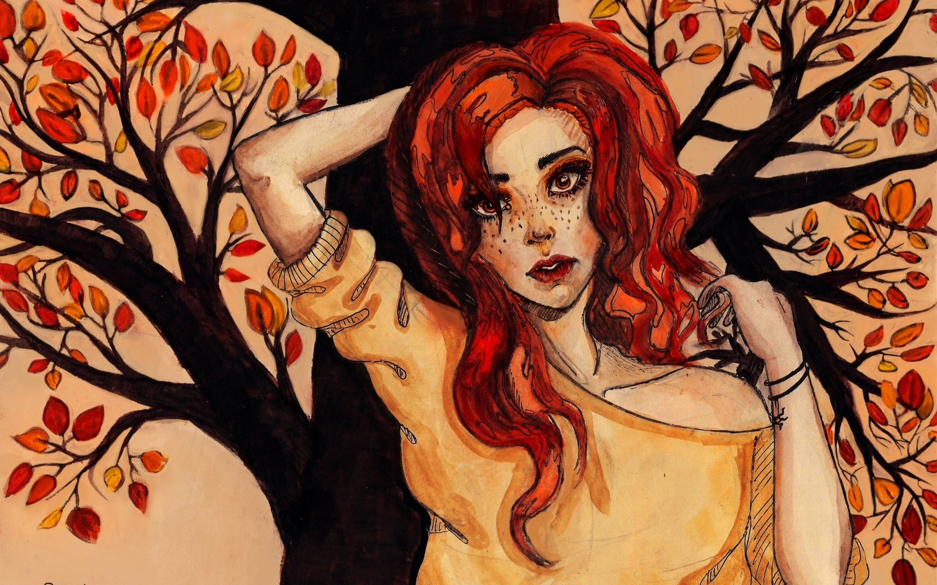 Painting Girl Freckles Redhead Tree Autumn
