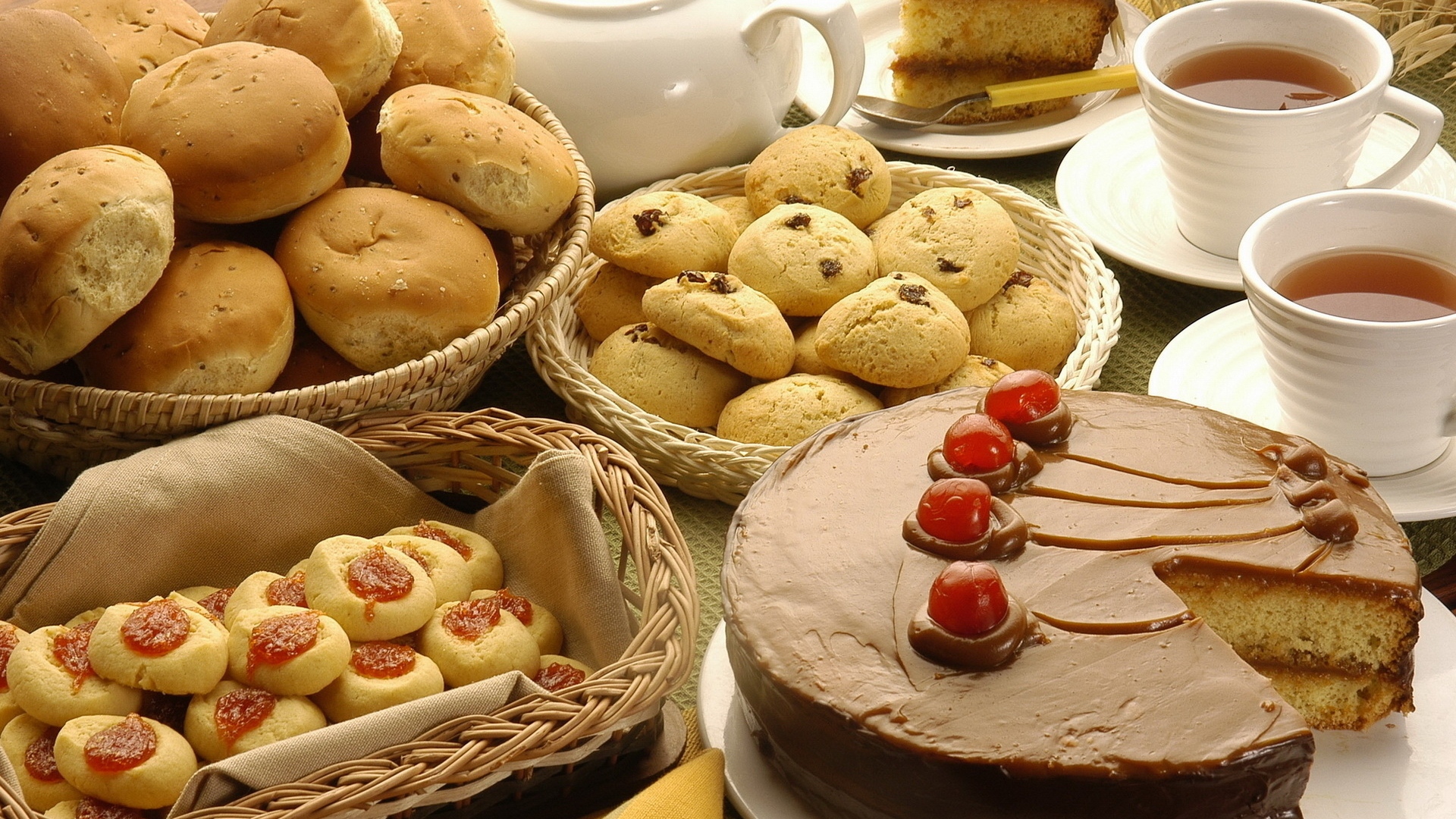 1920x1080 Wallpaper tea, pastries, cookies, cake, raisins