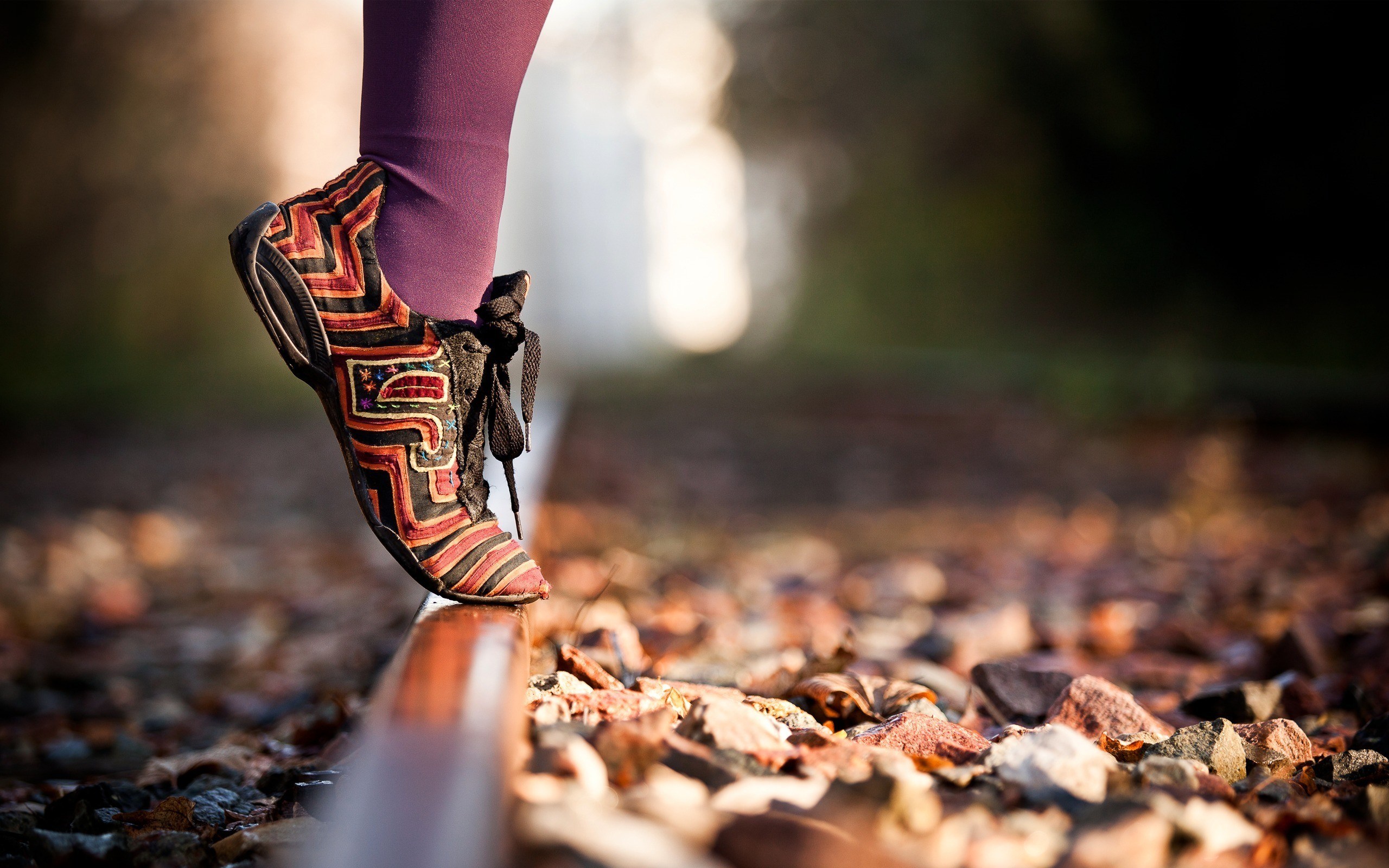Shoes Legs Autumn Leaves Railroad Macro Photo