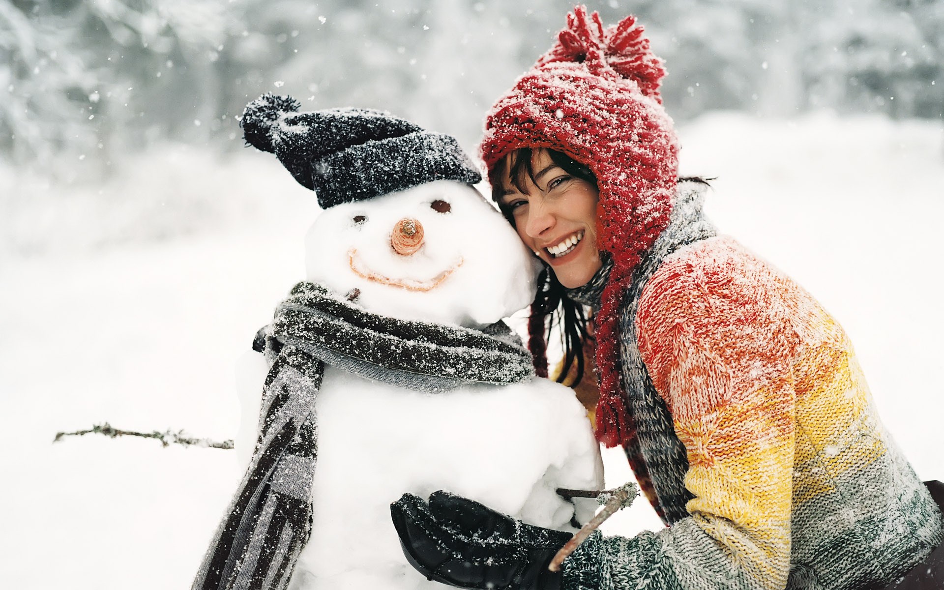 Snowman Brunette Girl Smile Winter Snowflakes