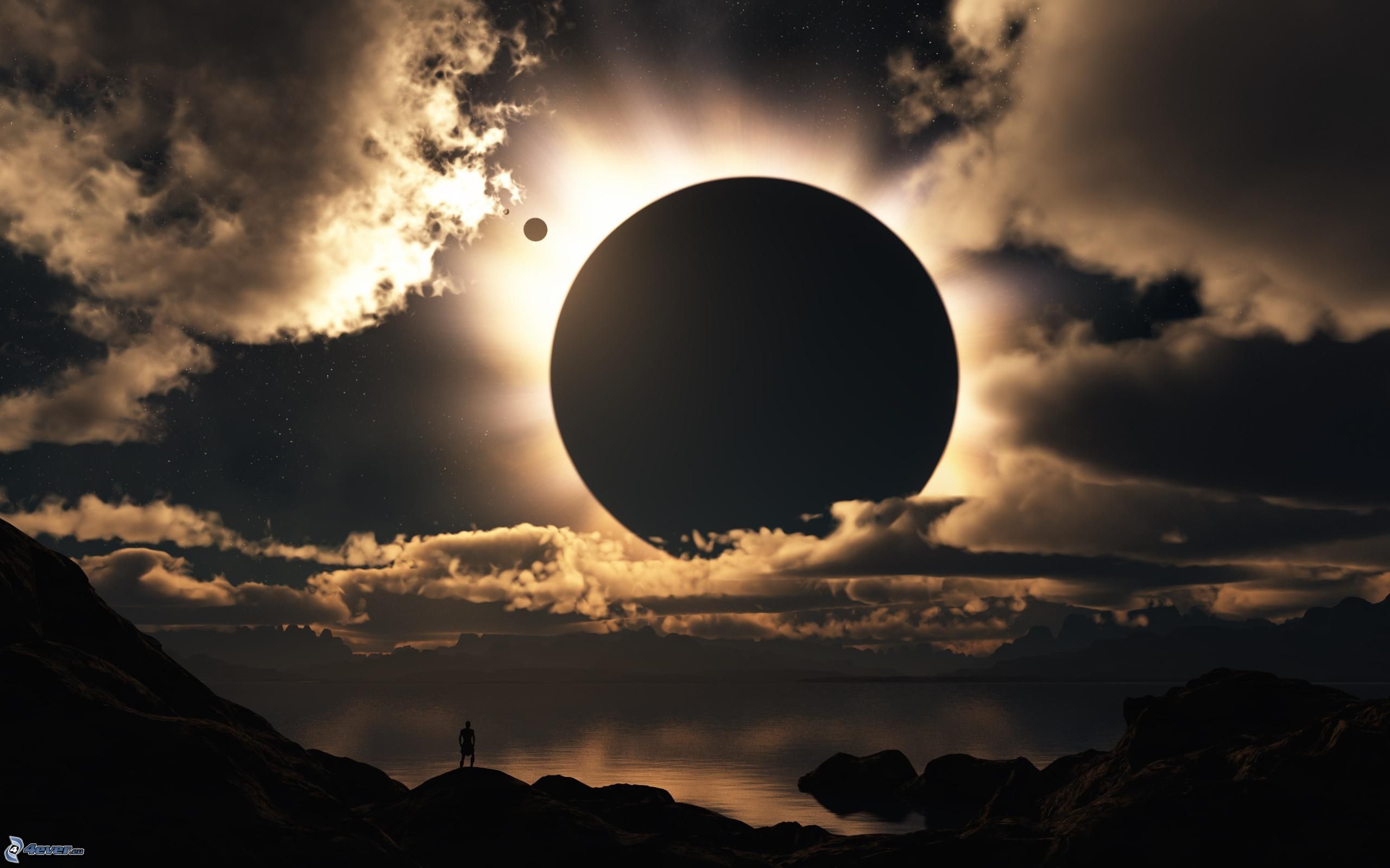 solar eclipse, planet, clouds