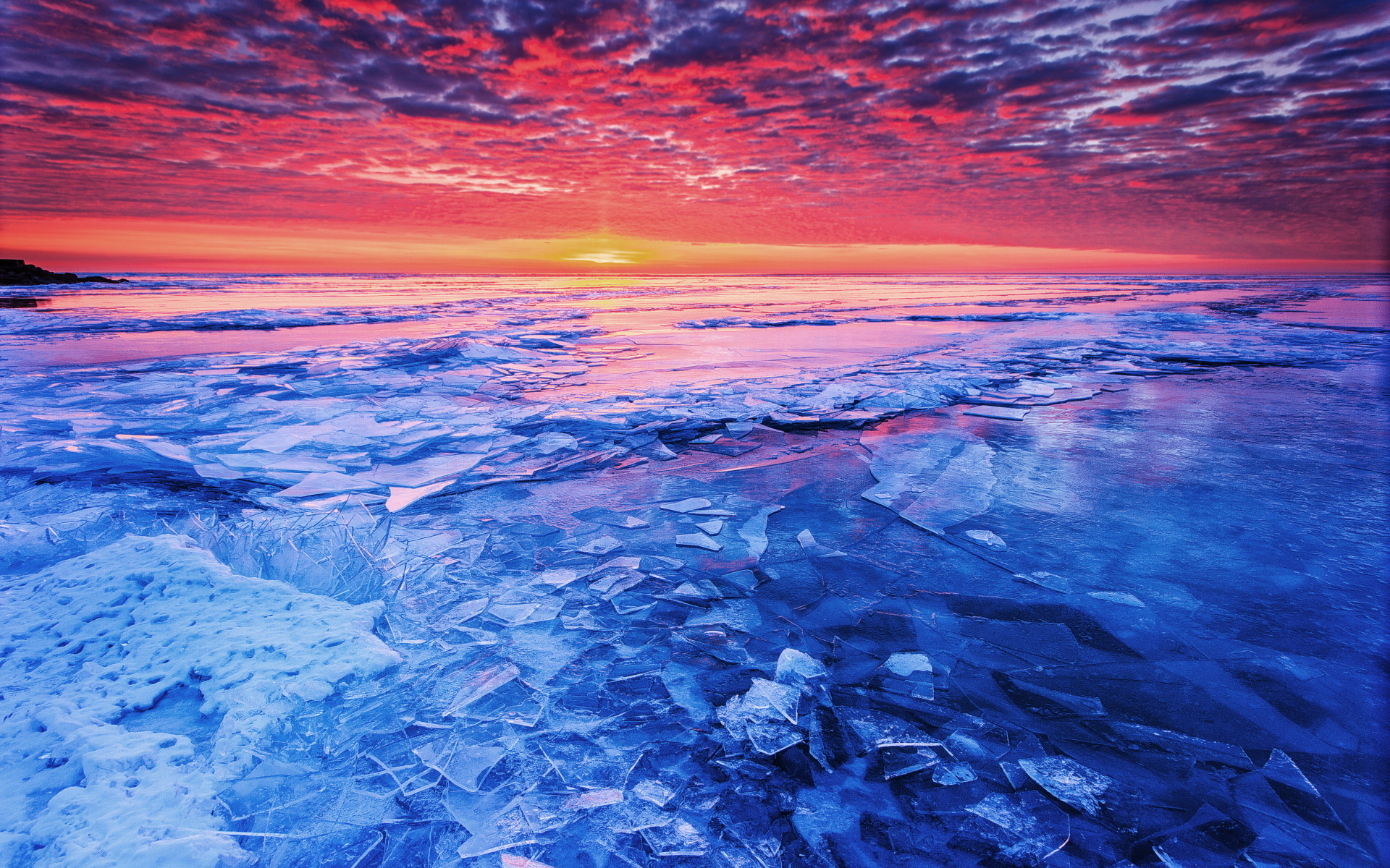 Sunset frozen lake