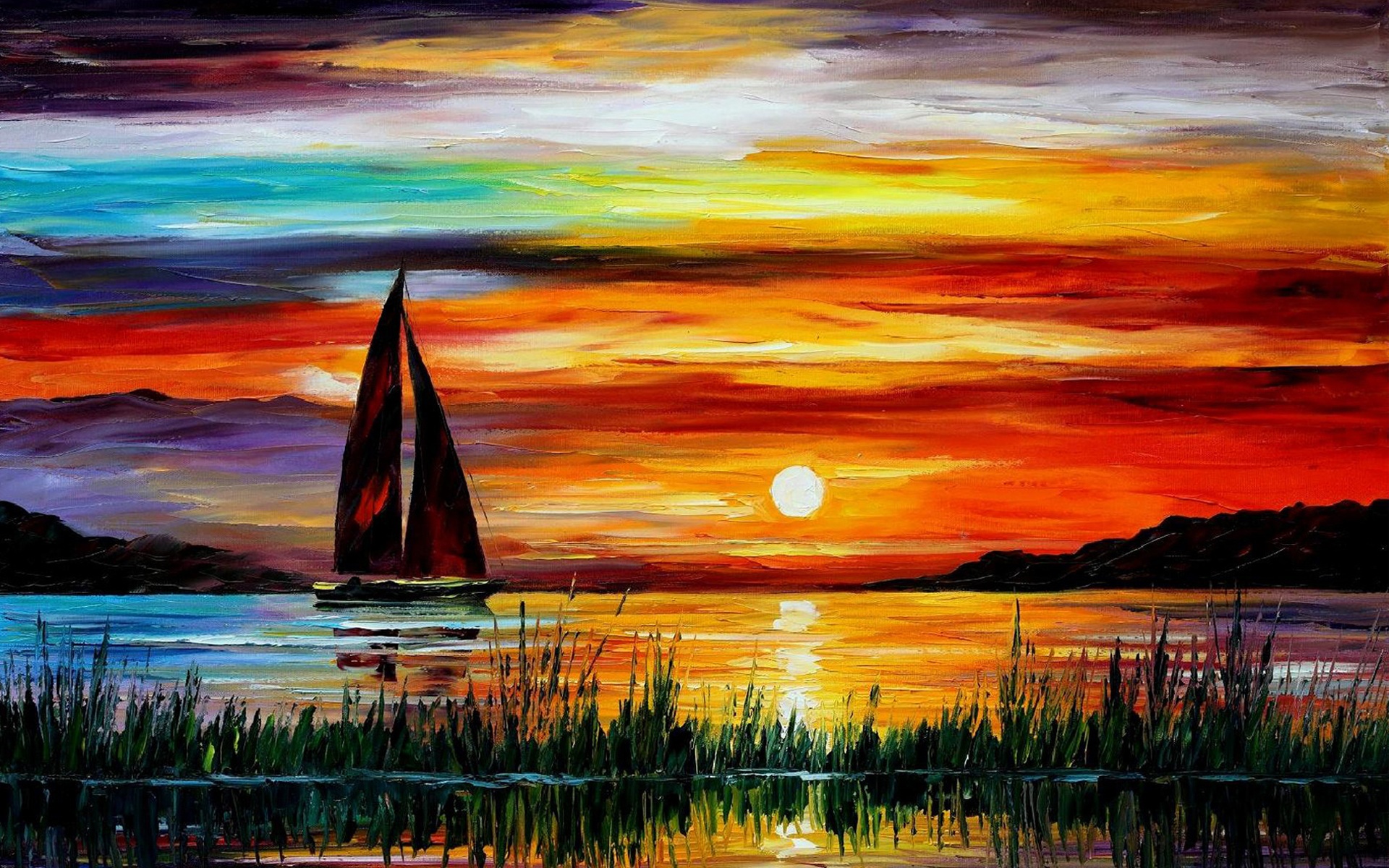 Exquisite painting wallpaper, sunset sea boat