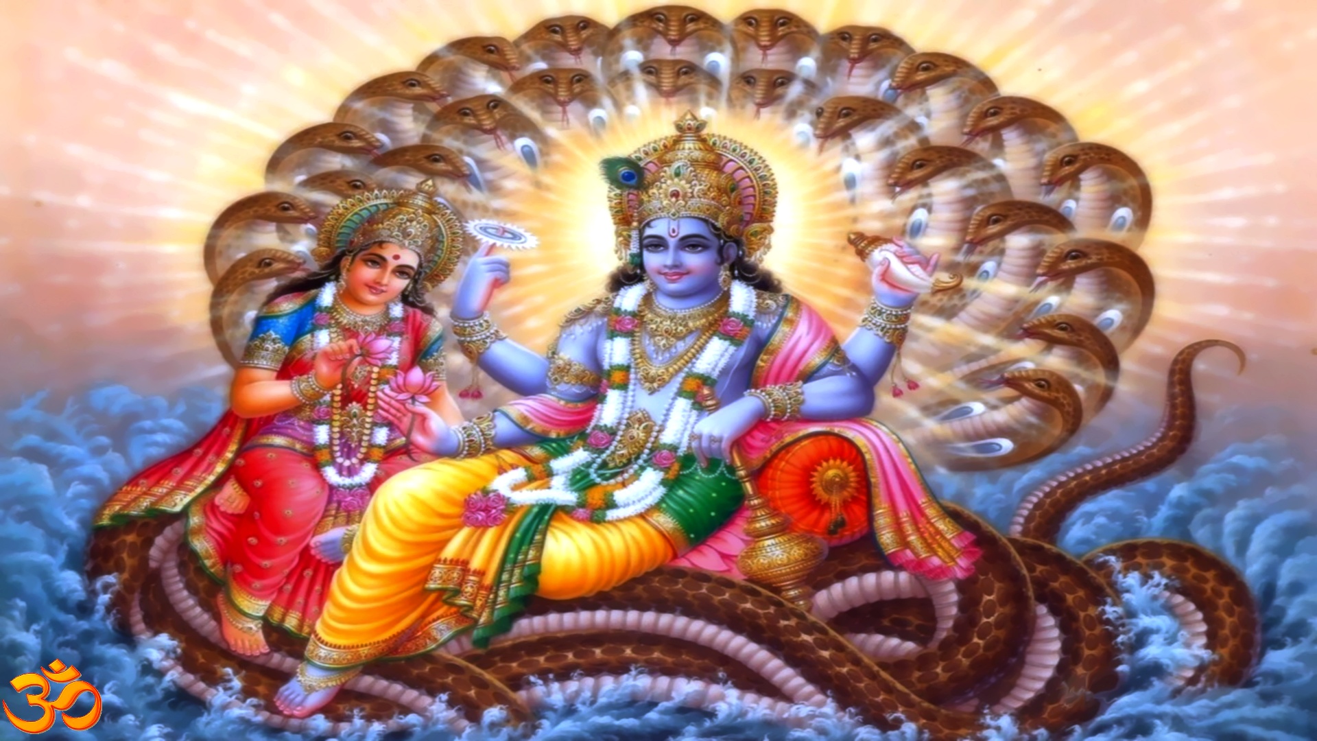 Cute smiling face of Lord Vishnu and Goddess Lakshmi sitting over seshnaag
