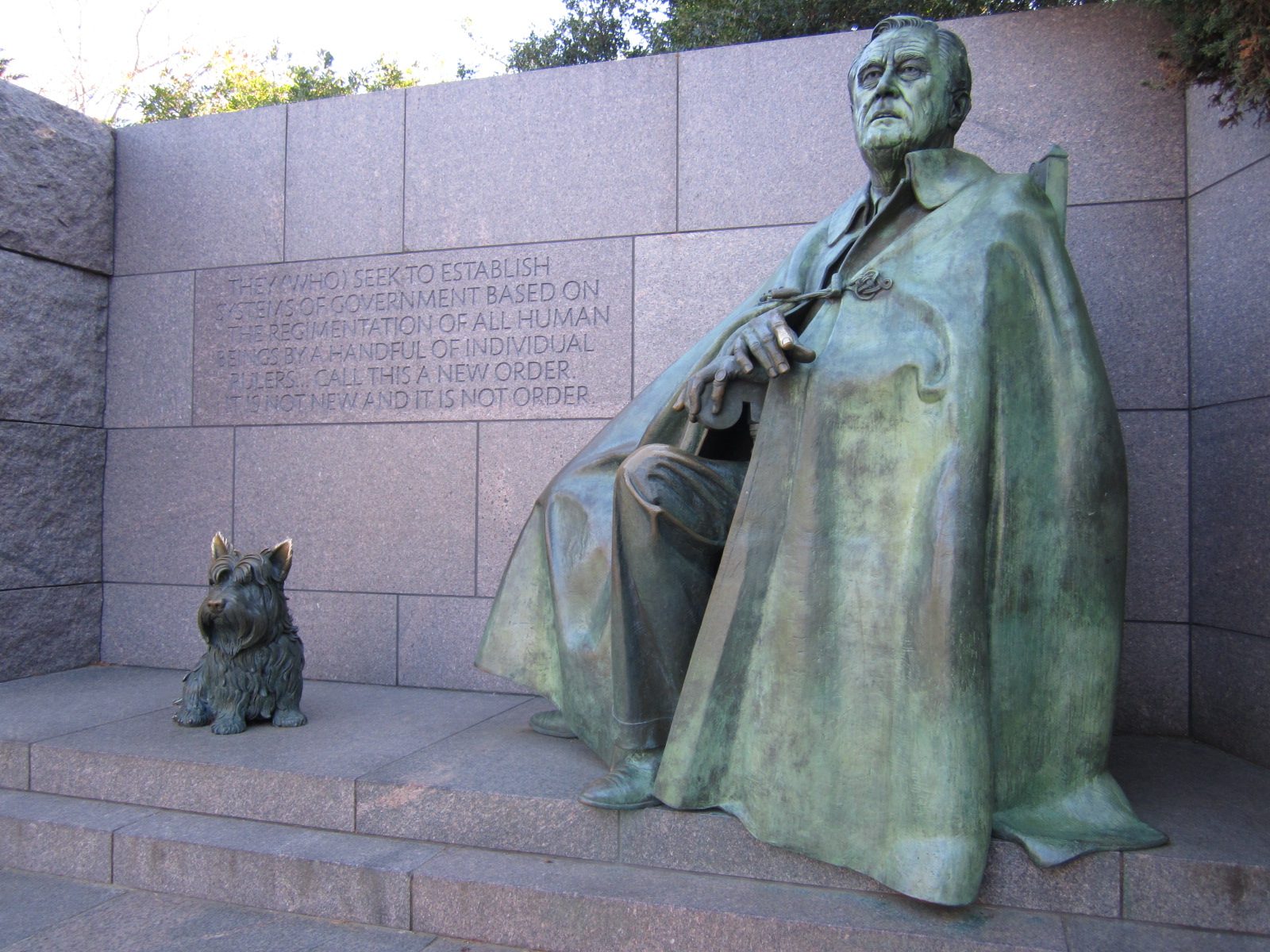 Statue of President Franklin Delano Roosevelt with his beloved dog, Falla, at the FDR Memorial on Washington D.C.'s Tidal Basin